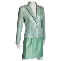 Yves Saint Laurent Jacket + Skirt Suit 2pc Set Lime Green Satin Sz 8 Vintage 90s