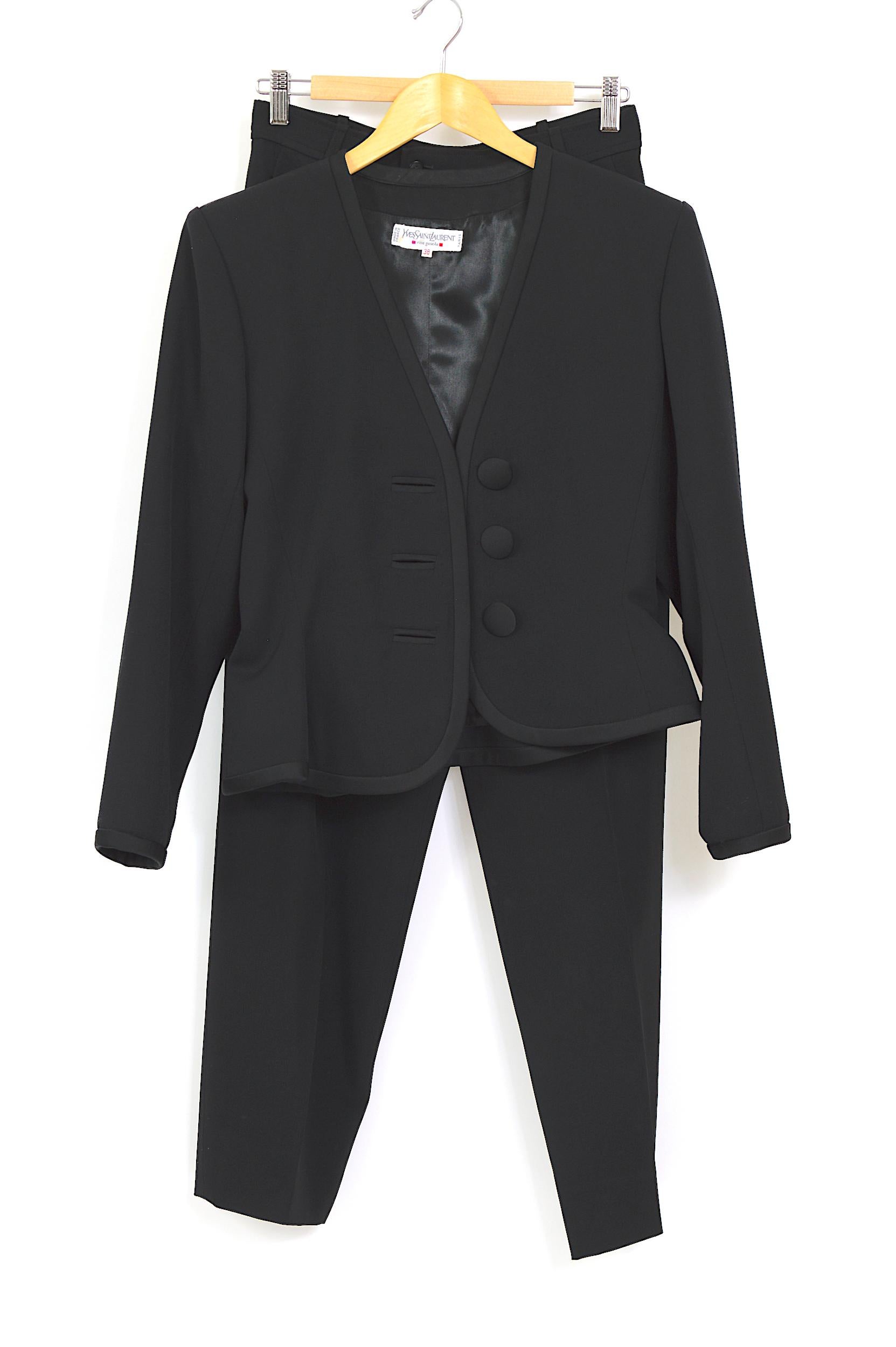 Yves Saint Laurent jet black vintage 80s large shoulders smoking evening suit  3