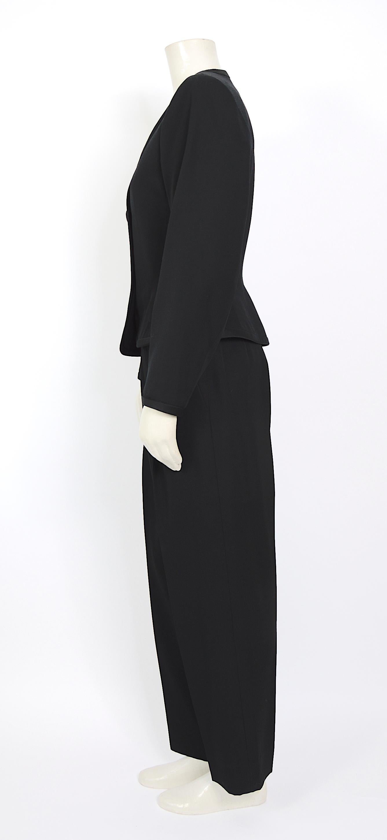 Black Yves Saint Laurent jet black vintage 80s large shoulders smoking evening suit 