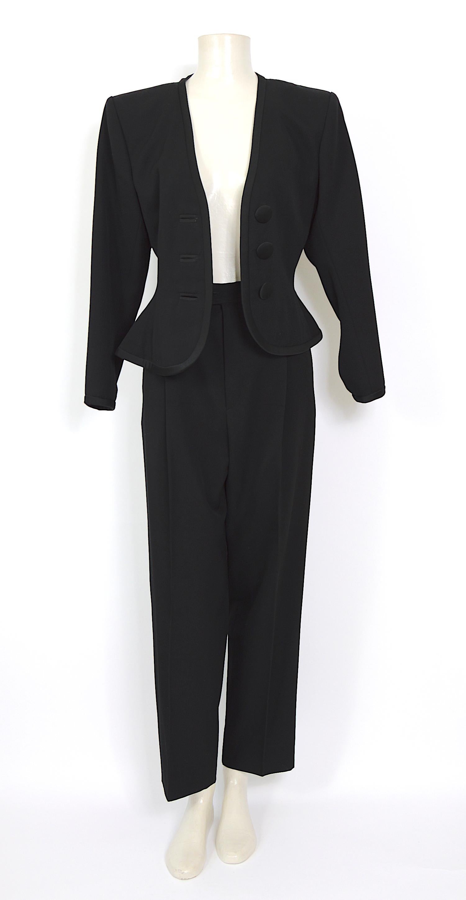 Women's Yves Saint Laurent jet black vintage 80s large shoulders smoking evening suit 