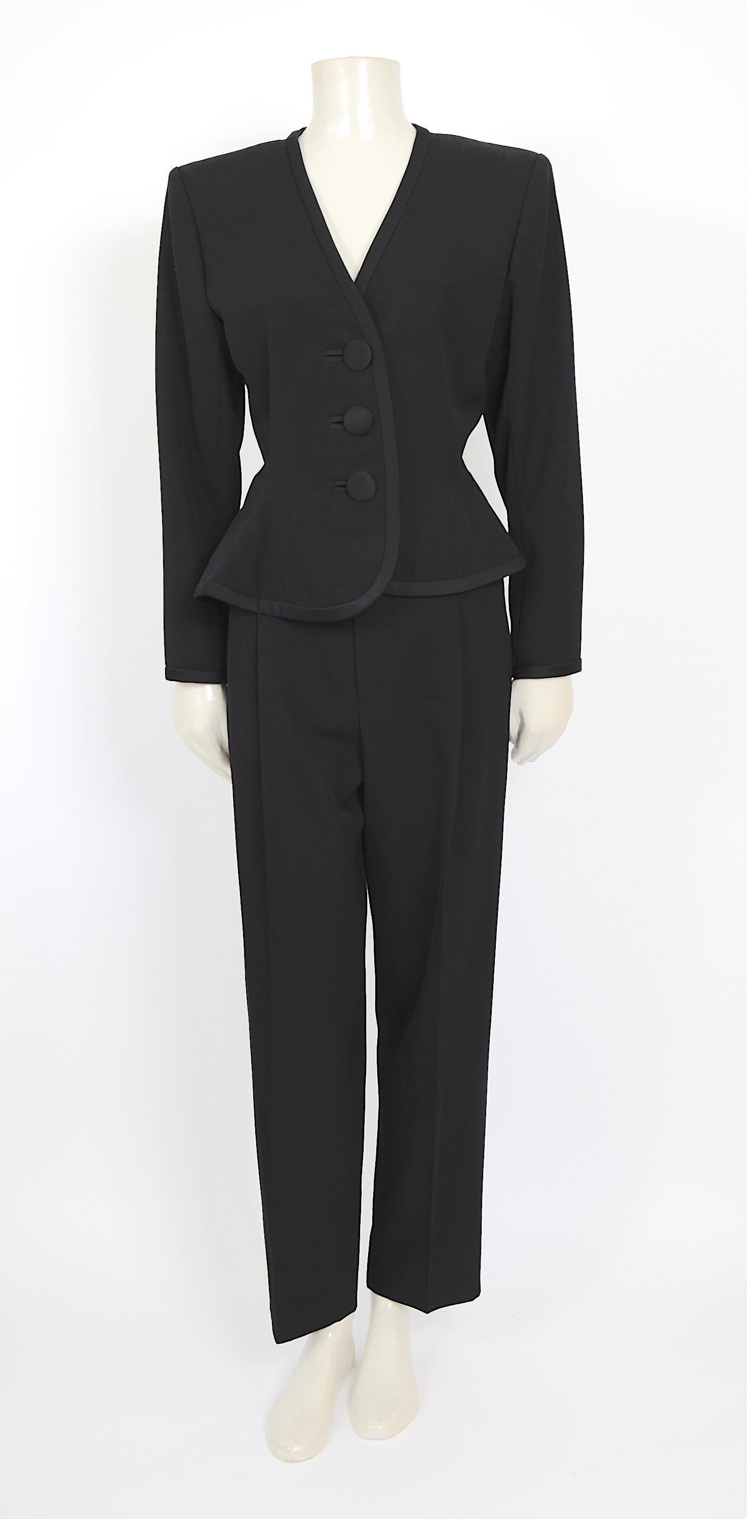 Yves Saint Laurent jet black vintage 80s large shoulders smoking evening suit  1