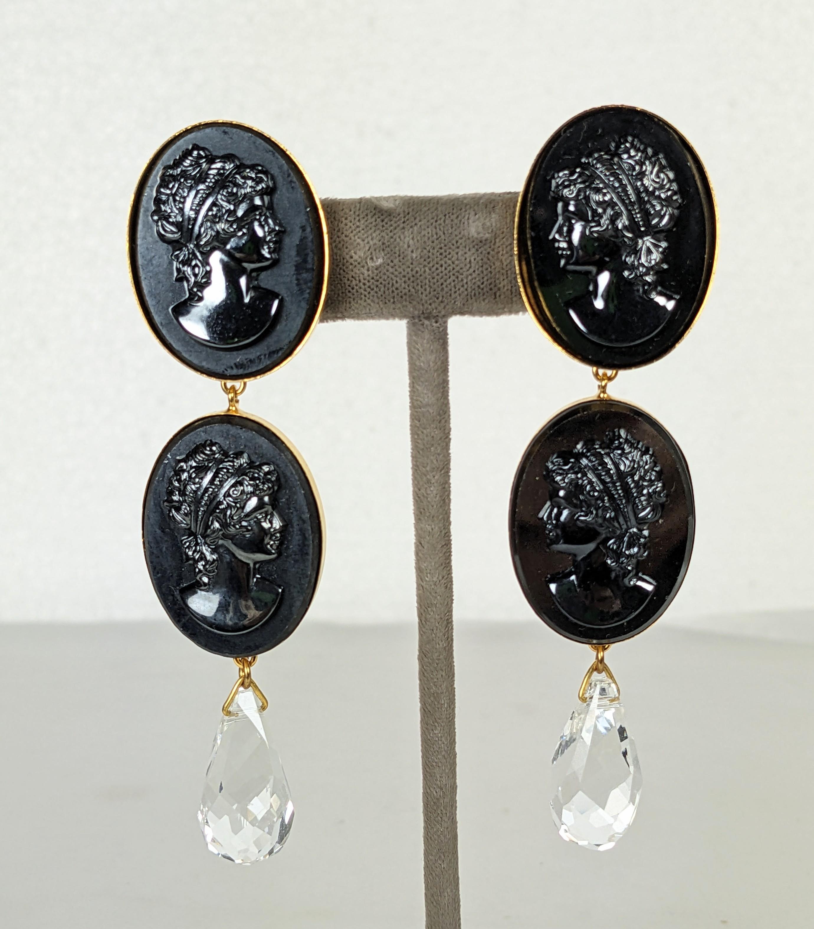 Rare Yves Saint Laurent Cameo Ear clips Haute Couture Spring/Summer 1977. Of black jet glass facing portrait cameos set in gilded metal with faceted crystal pendant drops. 
Excellent Condition, Marked Made in France, Length 3.5