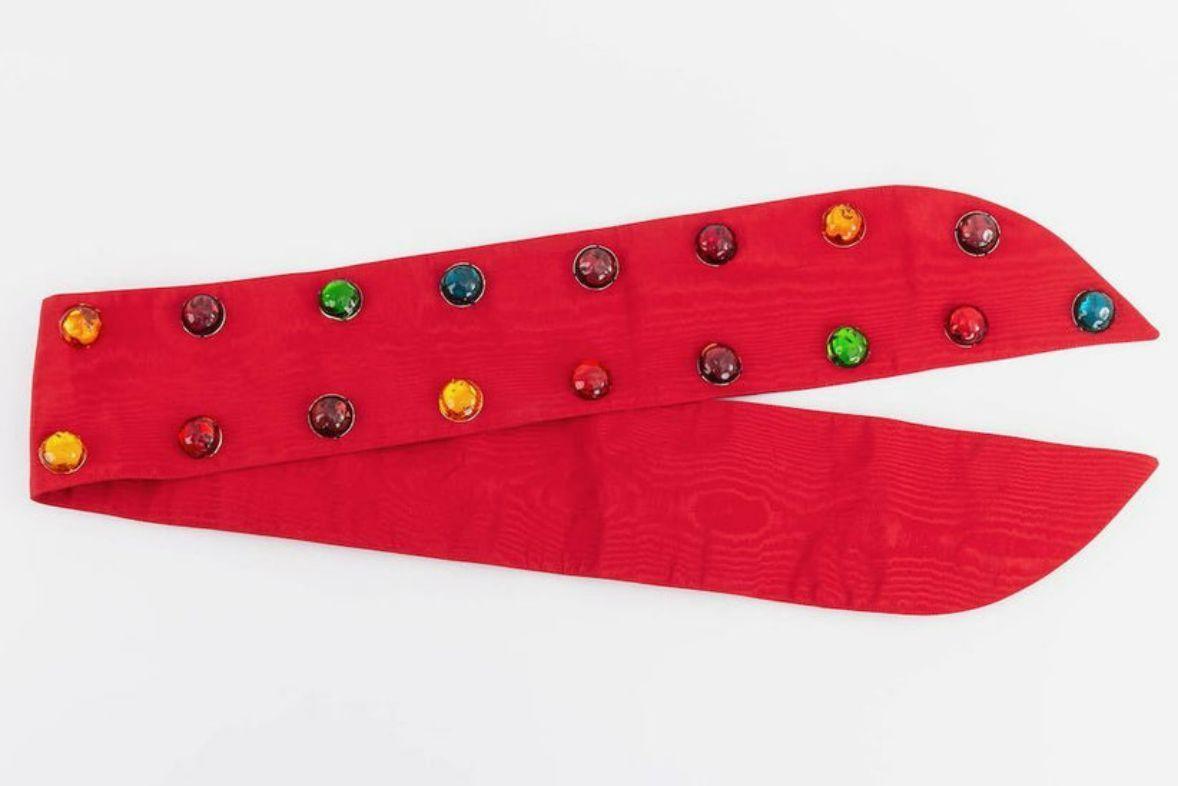 Women's Yves Saint Laurent Jewel Red Brocade and Multi-Color Resin Cabochons Belt