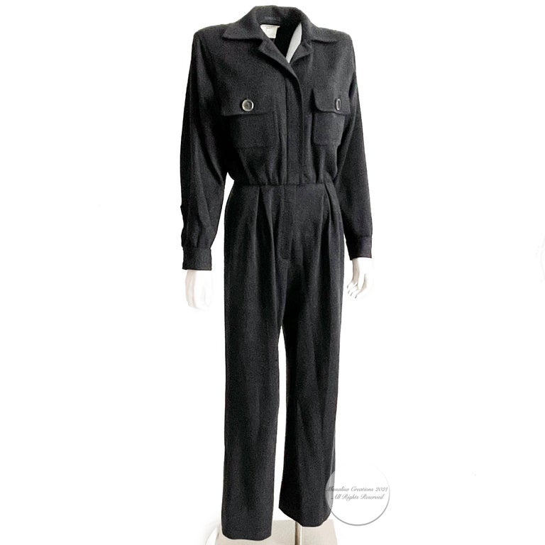 Yves Saint Laurent Jumpsuit Patch Pocket Gray Wool 90s YSL Rive Gauche Sz 40 In Good Condition For Sale In Port Saint Lucie, FL