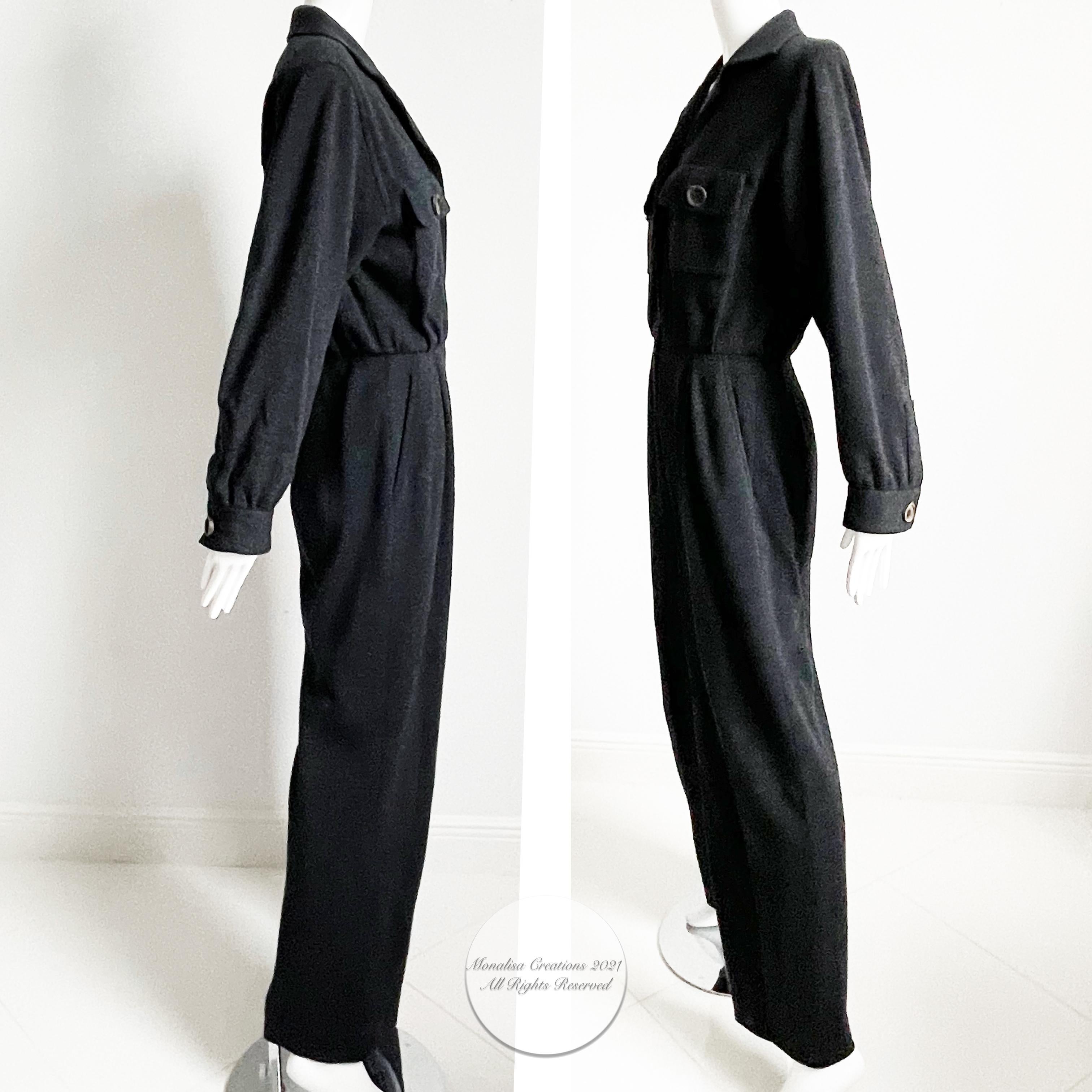Women's Yves Saint Laurent Jumpsuit Patch Pocket Gray Wool 90s YSL Rive Gauche Sz 40