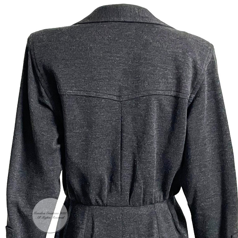 Yves Saint Laurent Jumpsuit Patch Pocket Gray Wool 90s YSL Rive Gauche Sz 40 For Sale 3