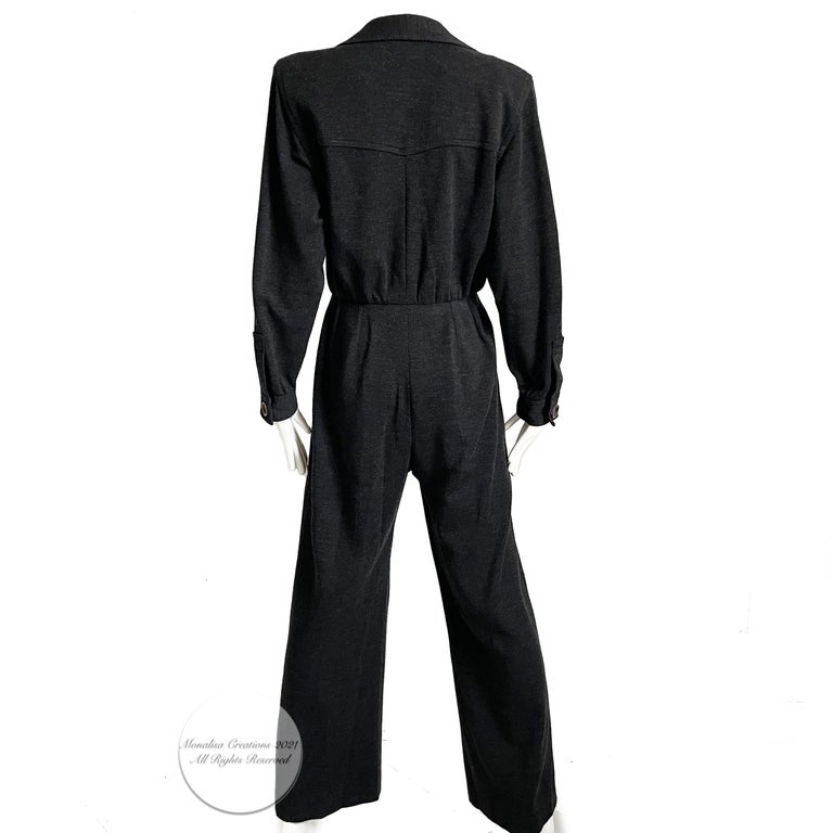 Yves Saint Laurent Jumpsuit Patch Pocket Gray Wool 90s YSL Rive Gauche Sz 40 For Sale 4