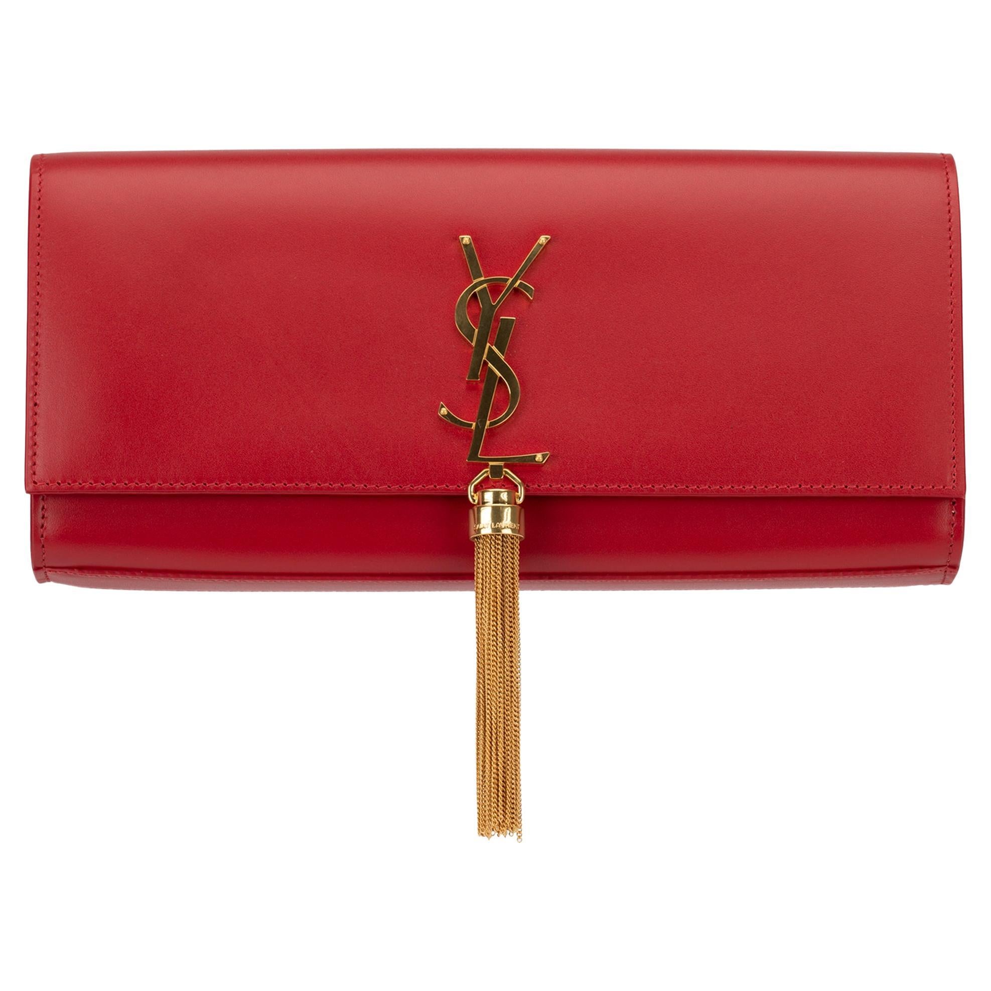 Yves Saint Laurent - Pochette Kate en cuir lisse rouge avec détails dorés