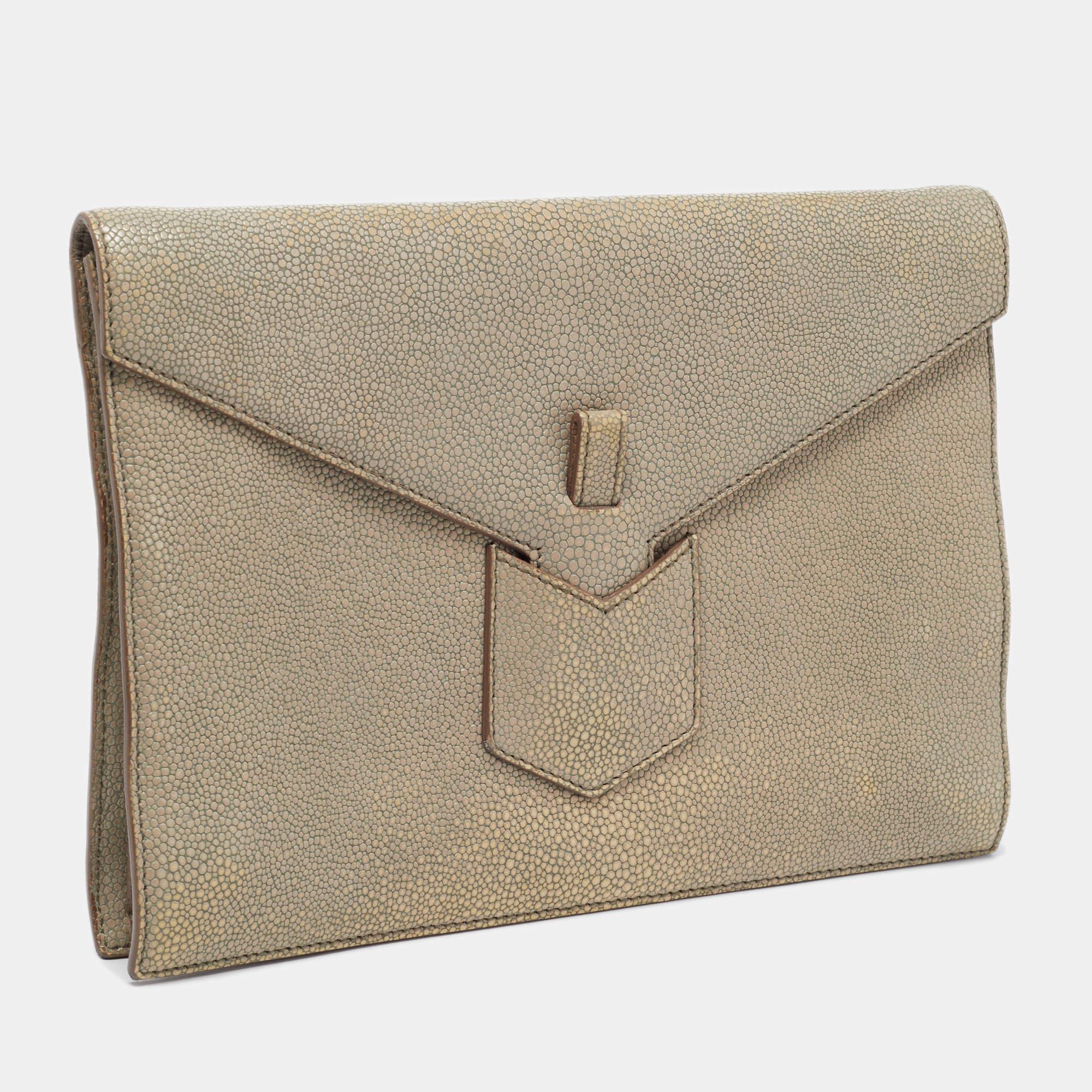 Brown Yves Saint Laurent Khaki Stingray Embossed Leather Envelope Clutch