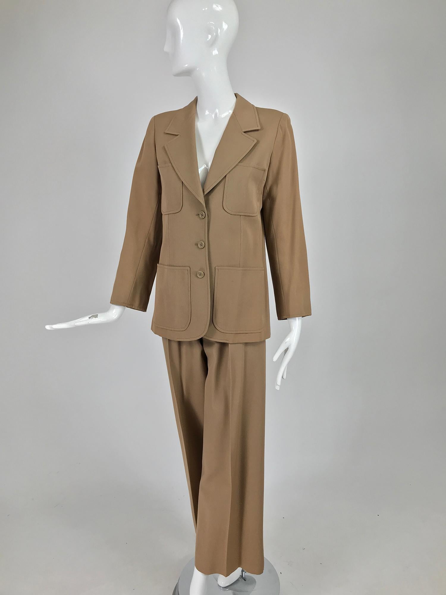 Yves Saint Laurent Khaki Tan Wool Twill Patch Pocket Pant Suit 1970s 1