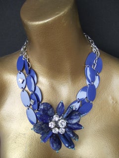 Yves Saint Laurent Lapis Lazuli Semi Precious Floral Pendant Necklace c 1990s