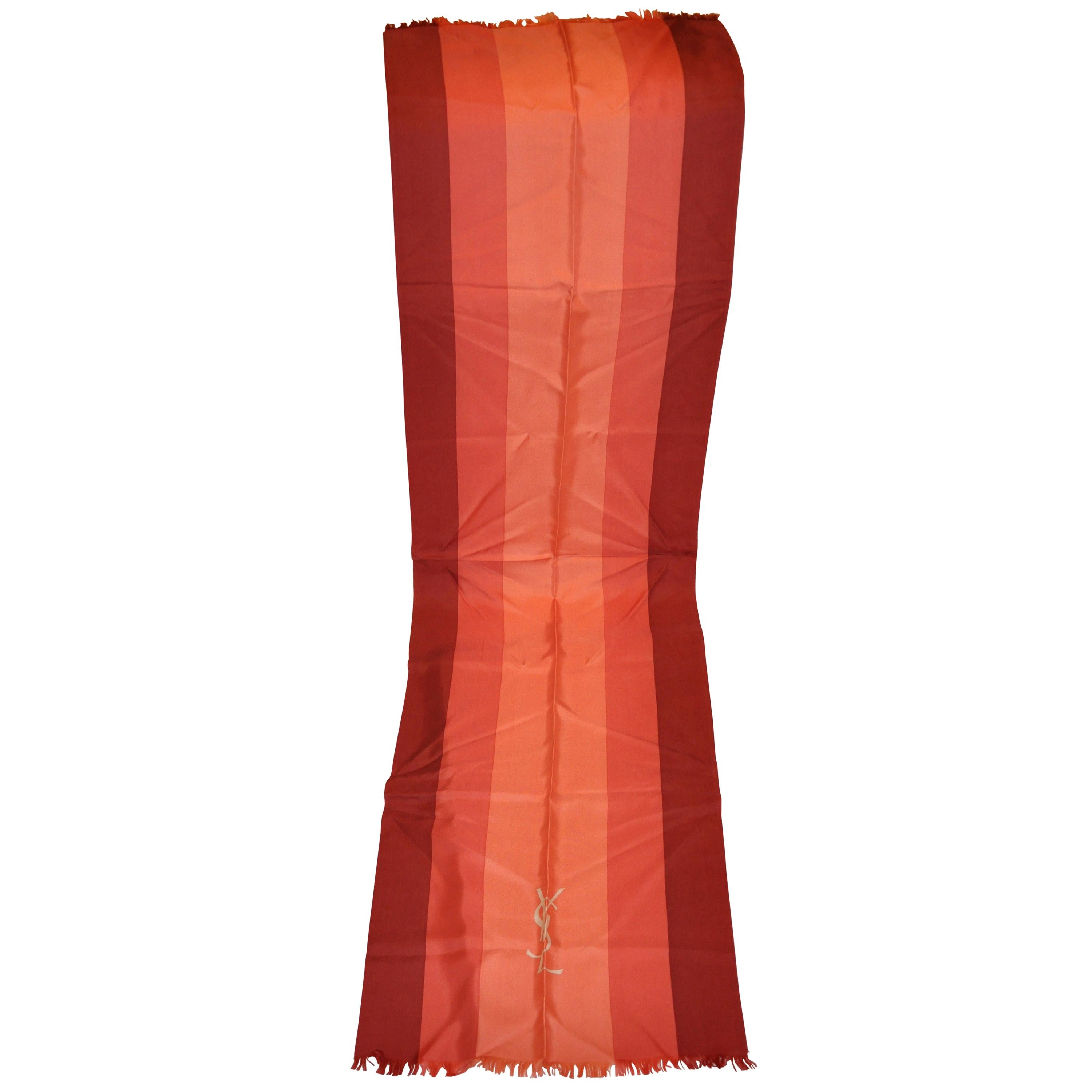 Yves Saint Laurent Large Iconic "Shades of Coral" Silk Fringed Scarf For Sale