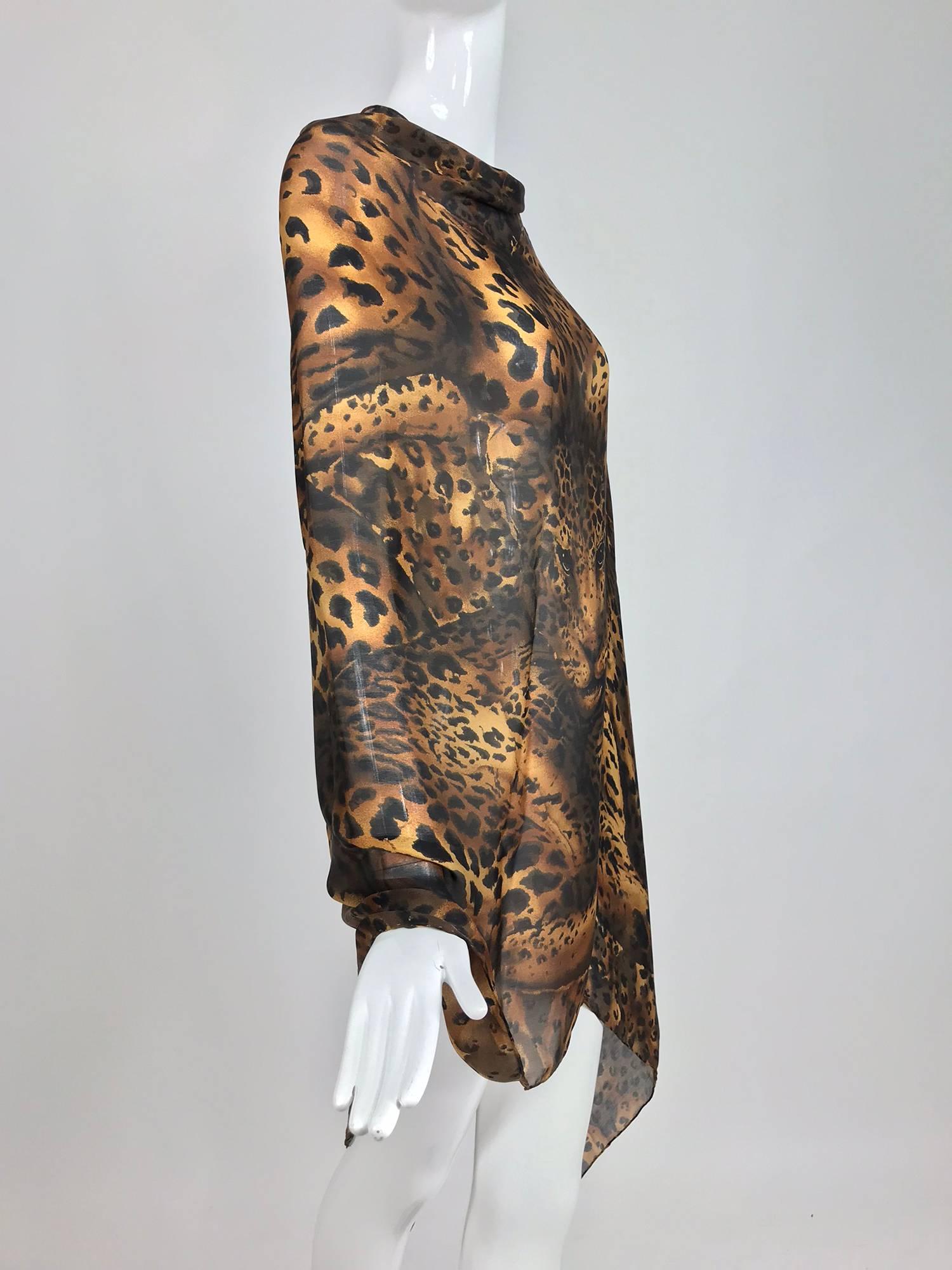 Brown Yves Saint Laurent large leopard silk chiffon shawl scarf 