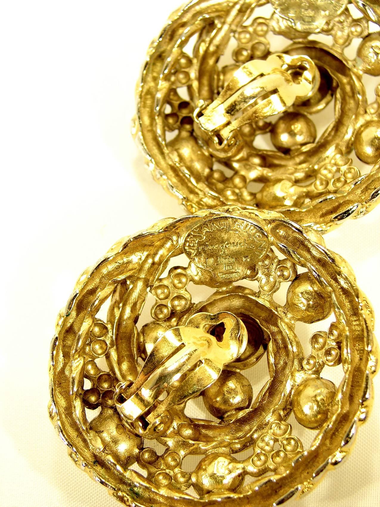 Yves Saint Laurent Large Round Glass Cabochon Gold Rope Detail Earrings 1970s 2