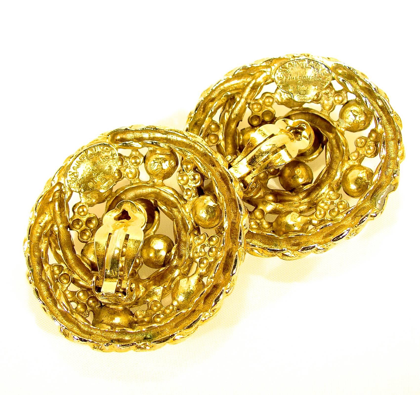 Yves Saint Laurent Large Round Glass Cabochon Gold Rope Detail Earrings 1970s 3