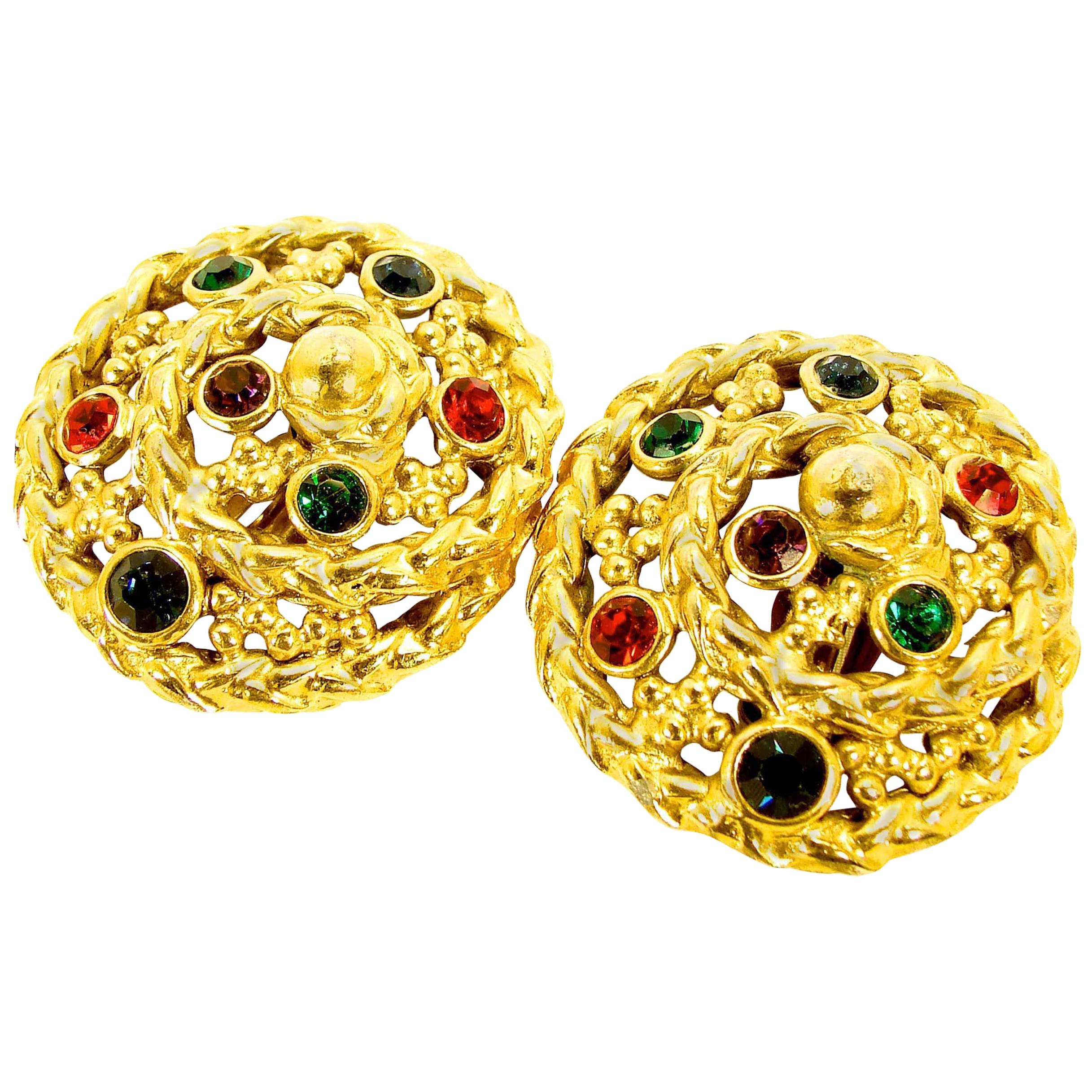Yves Saint Laurent Large Round Glass Cabochon Gold Rope Detail Earrings 1970s