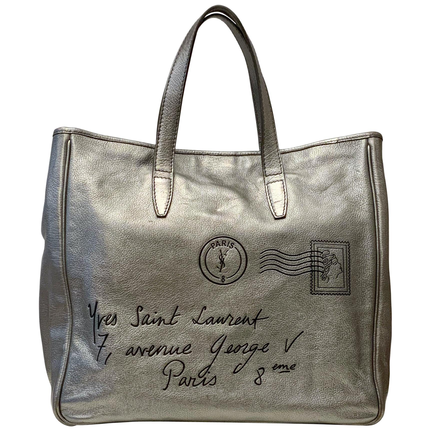 Yves Saint Laurent Large Y MAIL Silver Metallic Tote Bag