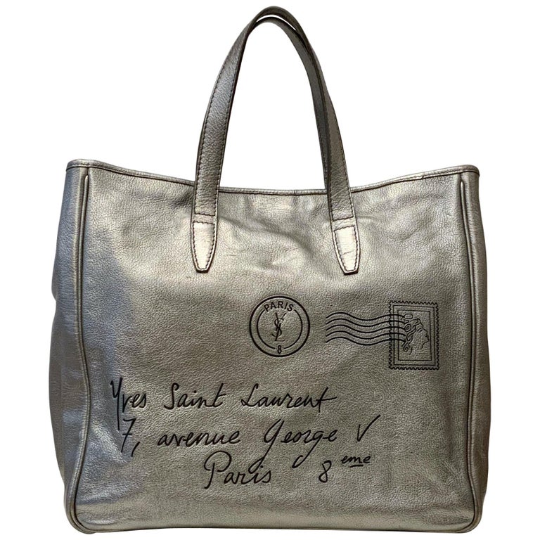Yves Saint Laurent Large Y MAIL Silver Metallic Tote Bag For Sale