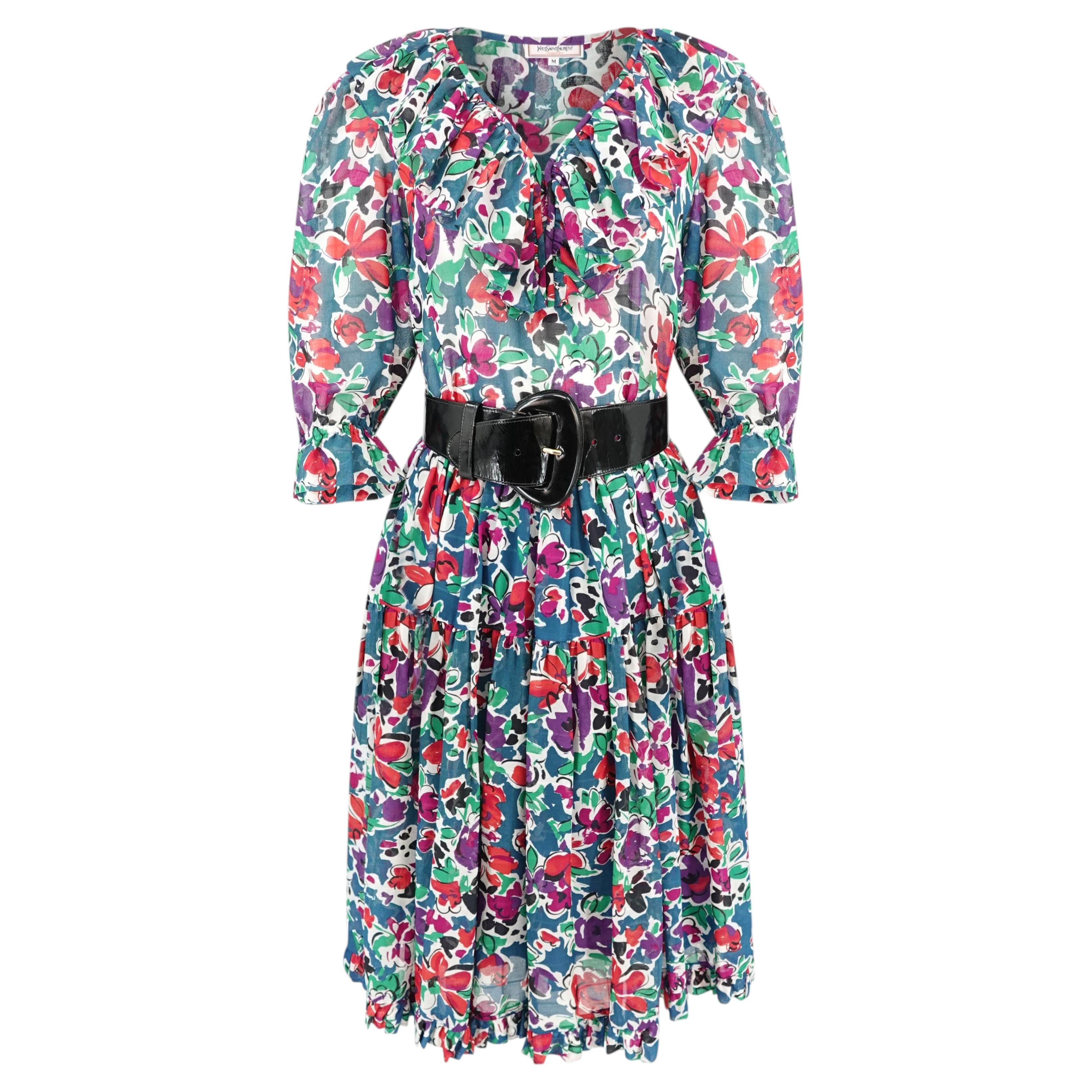 Yves Saint Laurent Late 1970s–Early 1980s Painterly Floral Cotton Skirt Set For Sale