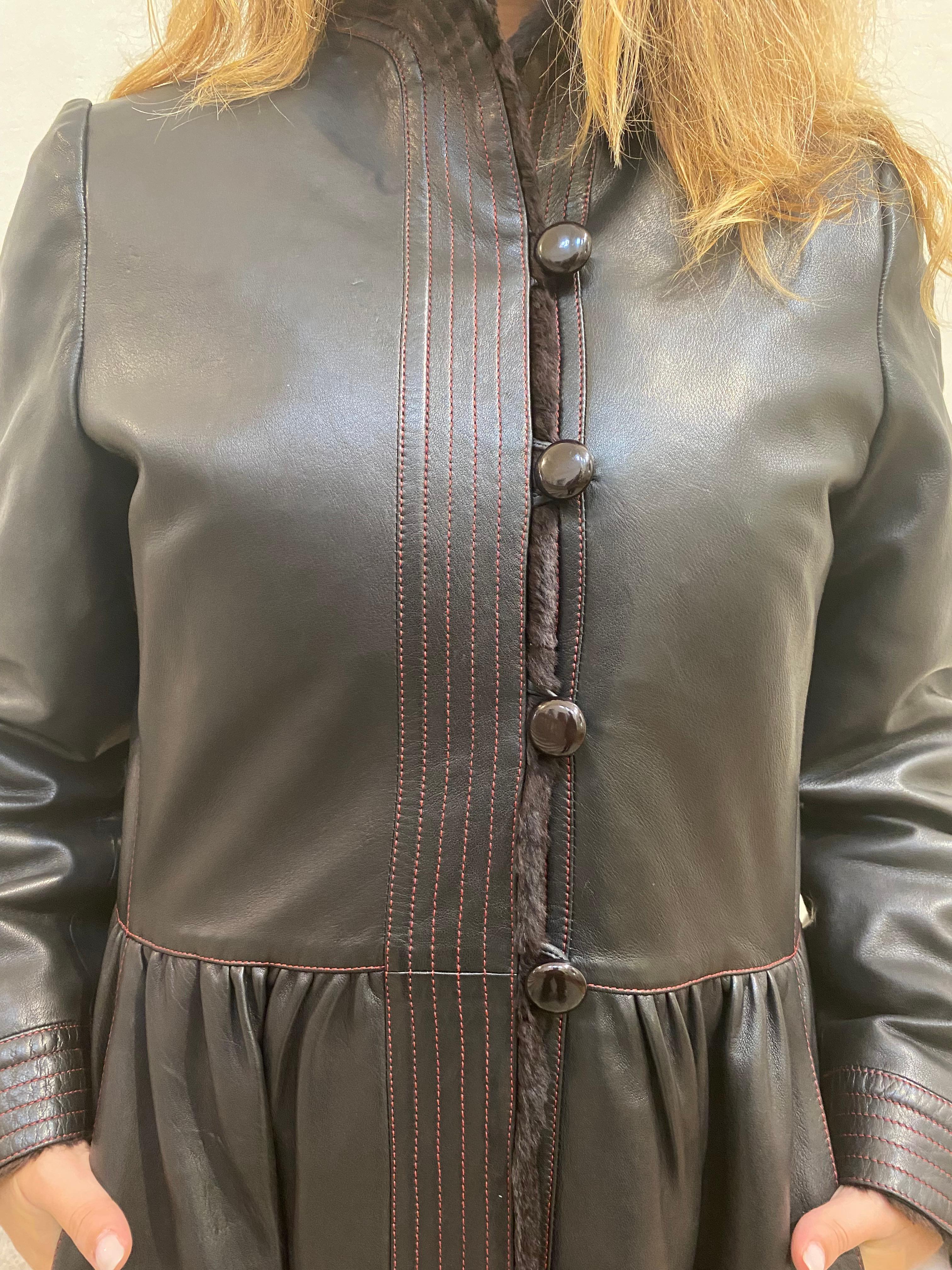 Black Yves Saint Laurent leather coat Russian collection 1976. For Sale