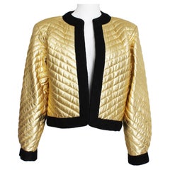 Yves Saint Laurent Leather Jacket Bolero Gold Matelasse with Black Wool Trim 38 