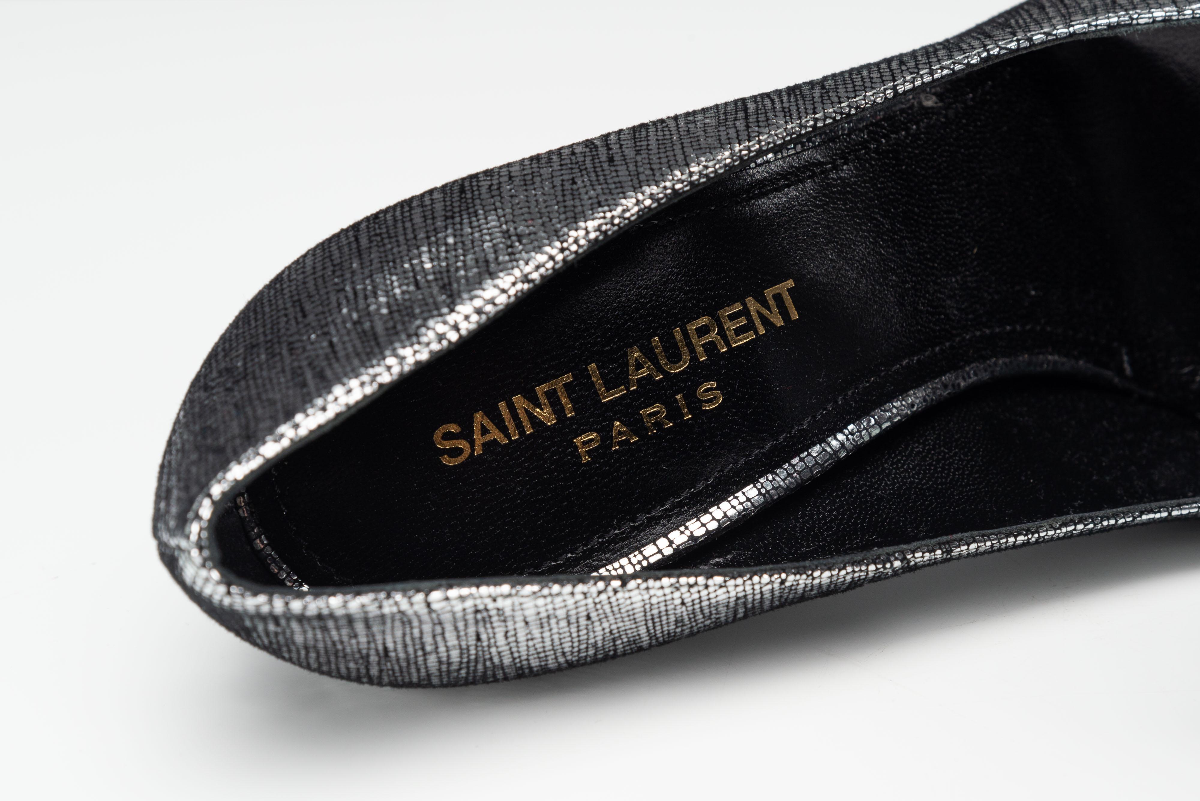 Yves Saint Laurent Leather Logo Opyum Heels Silver Black en vente 11