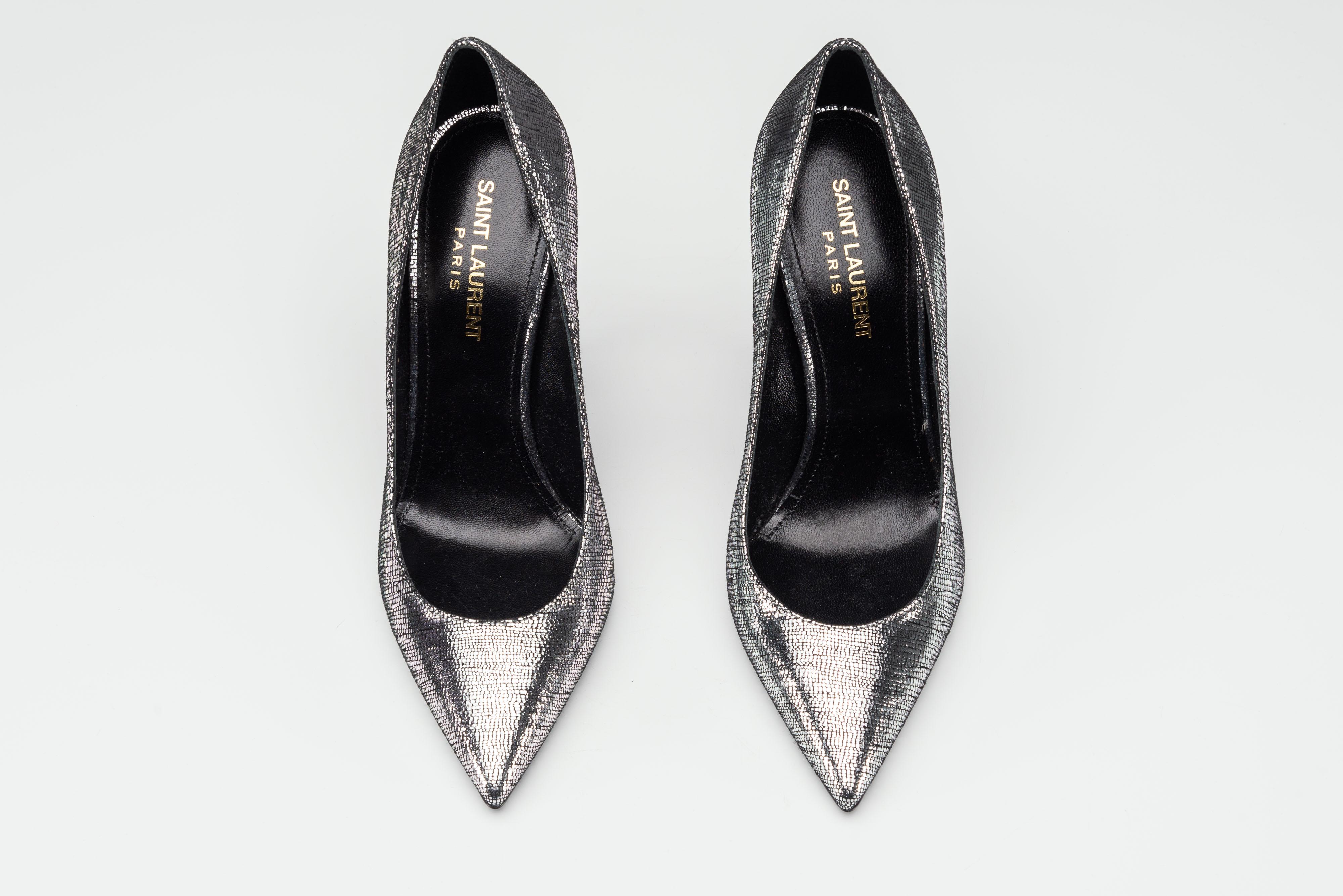 Yves Saint Laurent Leather Logo Opyum Heels Silver Black 10