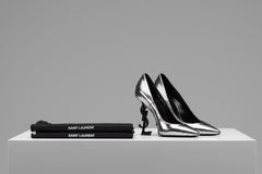 Yves Saint Laurent Leather Logo Opyum Heels Silver Black