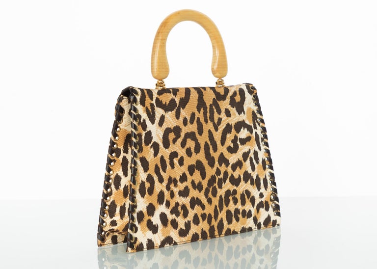 Yves Saint Laurent Leopard Animal Print Canvas Wooden Top Handle Bag, 1990s  For Sale at 1stDibs | ysl leopard bag