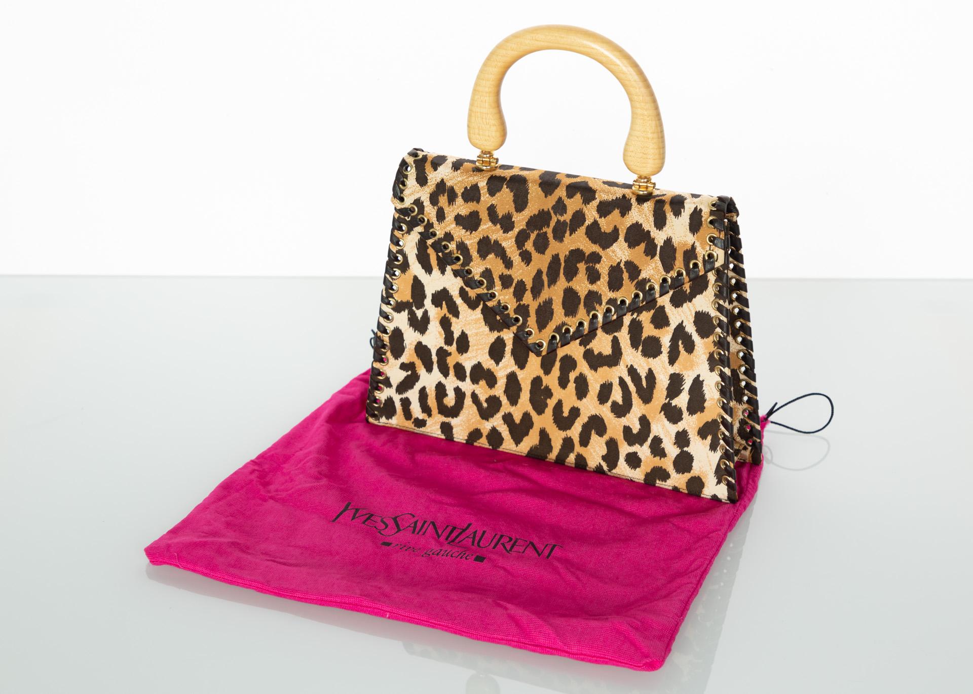 Yves Saint Laurent  Leopard Animal Print Canvas Wooden Top Handle Bag, 1990s In Excellent Condition For Sale In Boca Raton, FL