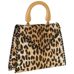 Retro Yves Saint Laurent  Leopard Animal Print Canvas Wooden Top Handle Bag, 1990s