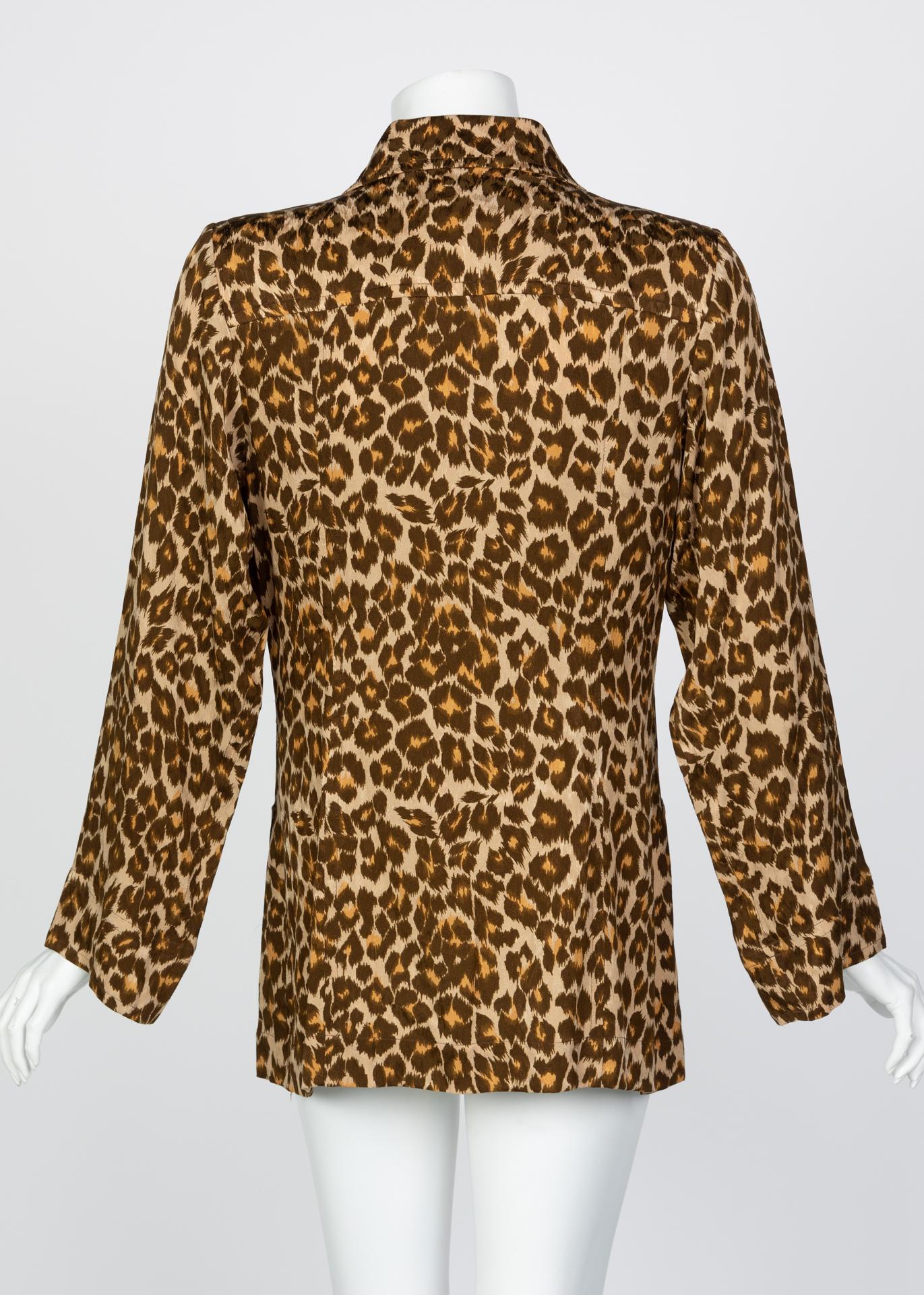 Brown Yves Saint Laurent Leopard print Silk Damask Safari Top For Sale