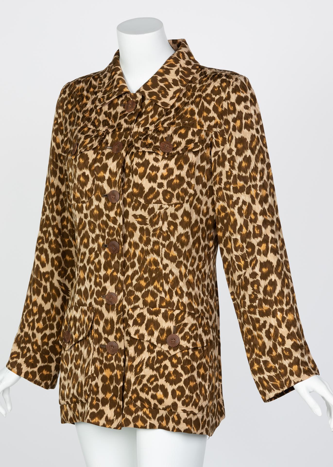 Brown Yves Saint Laurent Leopard Silk Safari Top For Sale