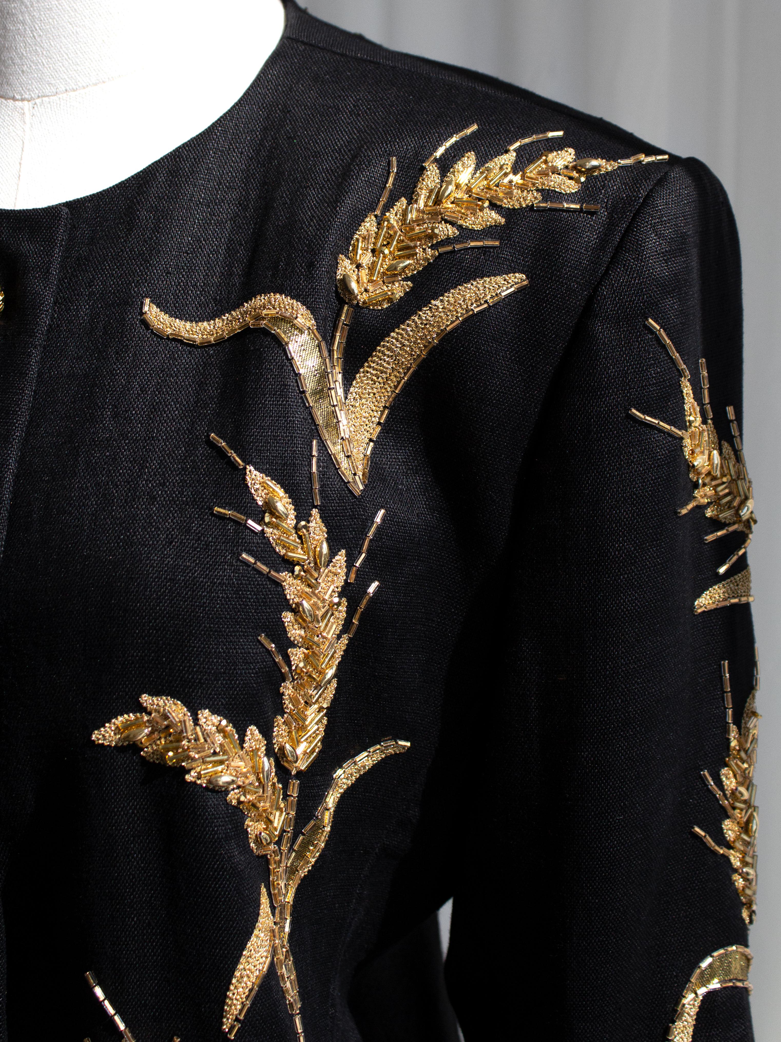 Yves Saint Laurent Lesage Vintage 1980s Black Linen Gold Wheat Sheaves Jacket 6