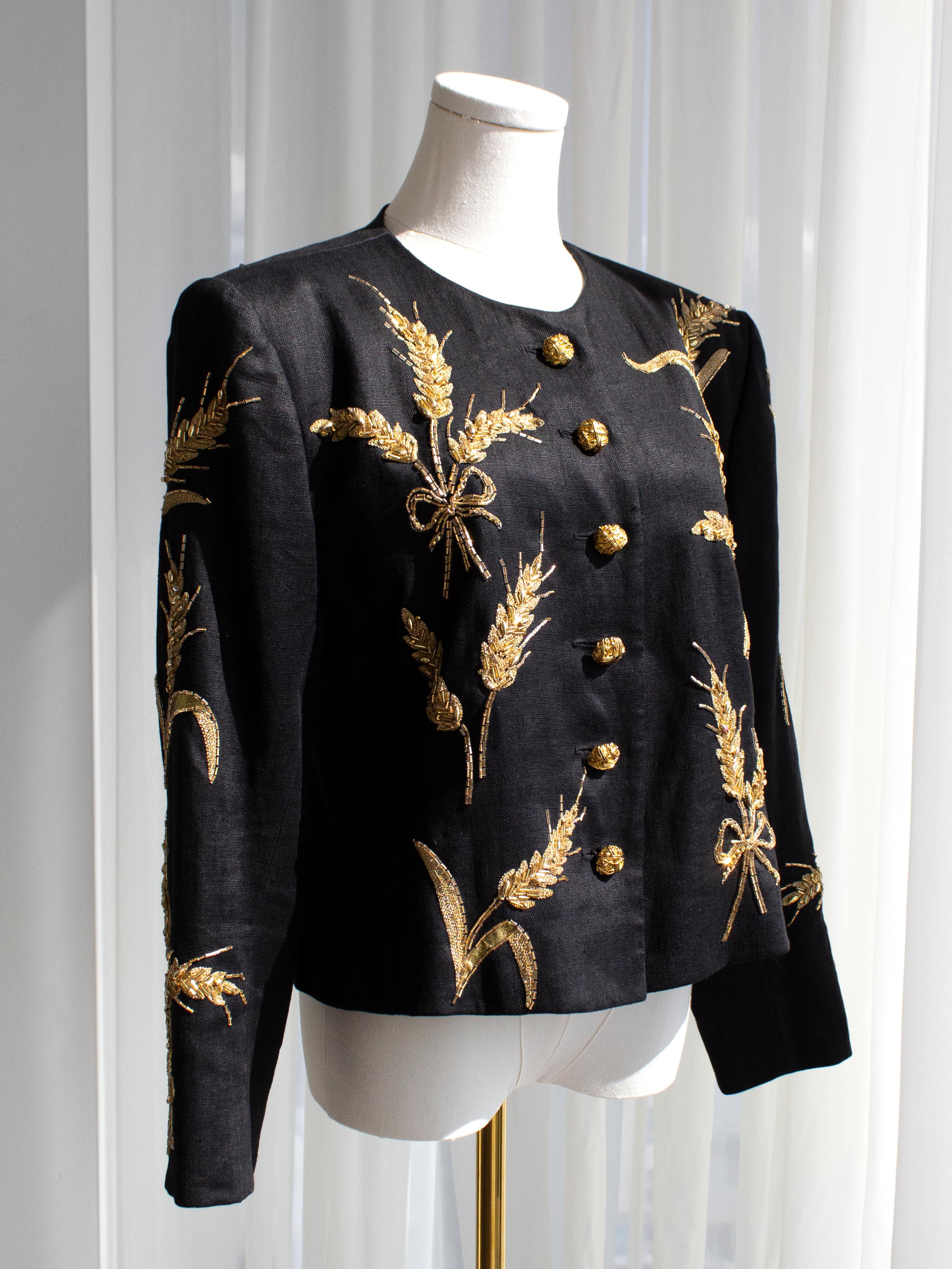 Yves Saint Laurent Lesage Vintage 1980s Black Linen Gold Wheat Sheaves Jacket 8