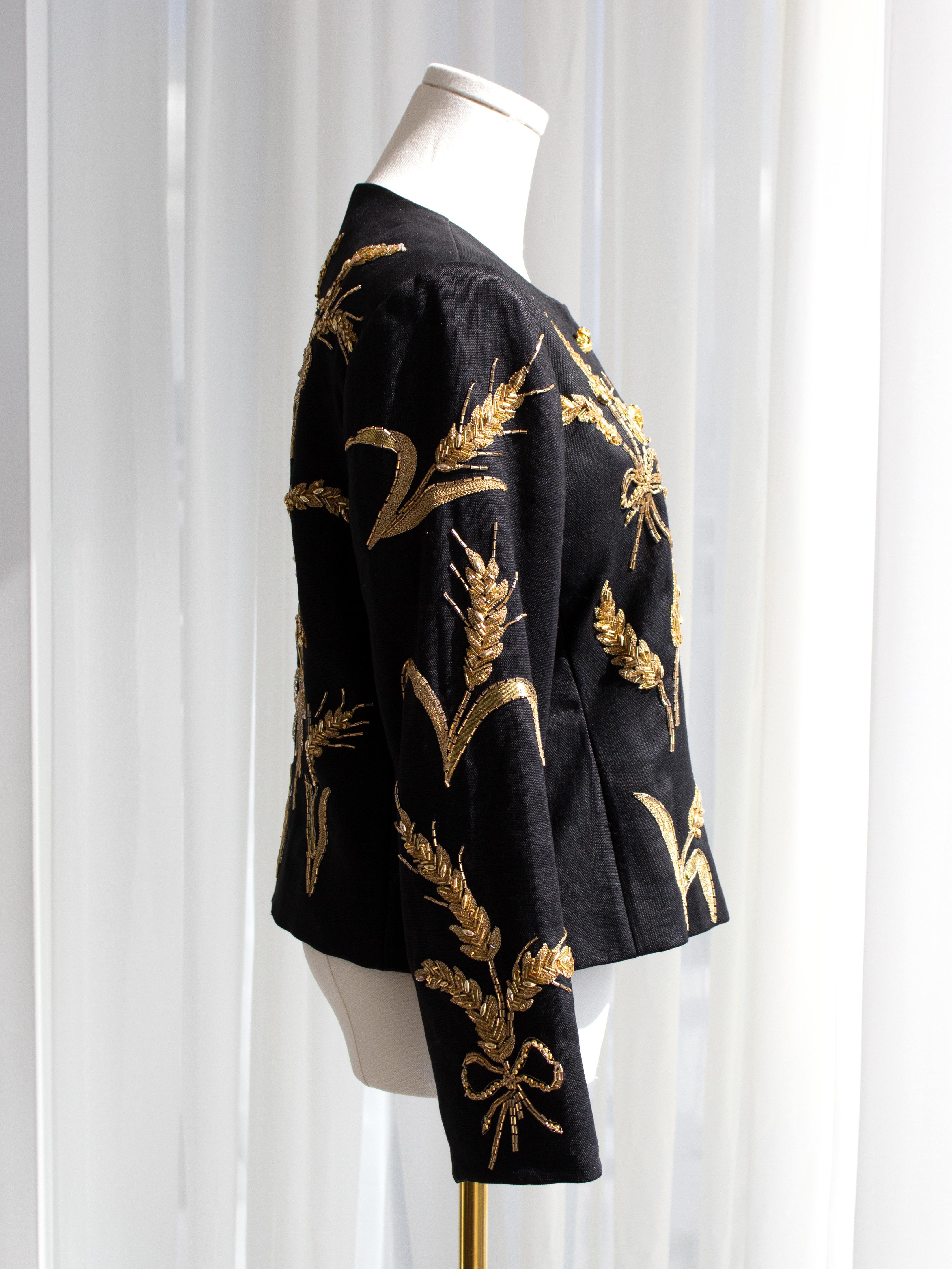 Yves Saint Laurent Lesage Vintage 1980s Black Linen Gold Wheat Sheaves Jacket 9