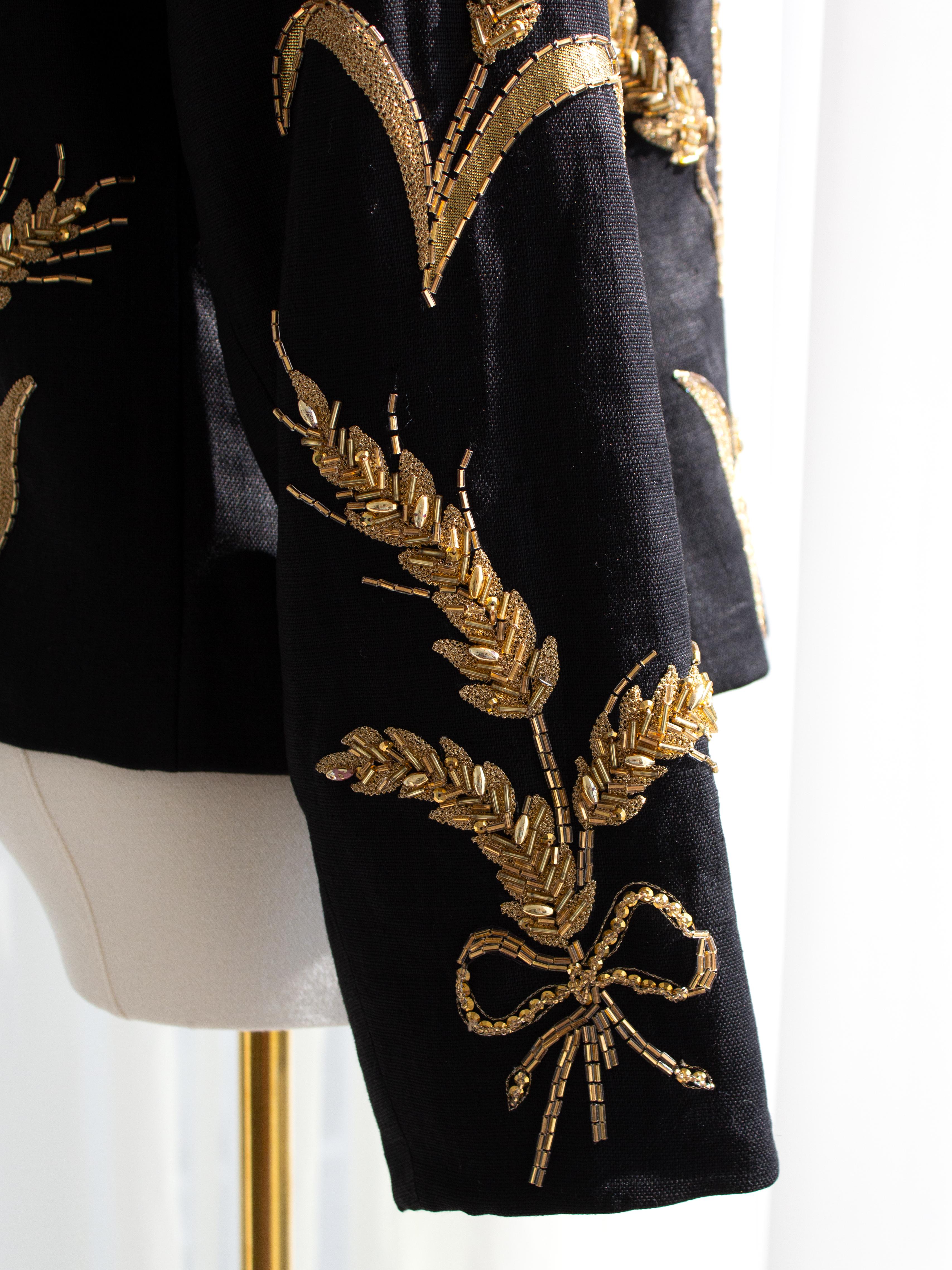 Yves Saint Laurent Lesage Vintage 1980s Black Linen Gold Wheat Sheaves Jacket 10