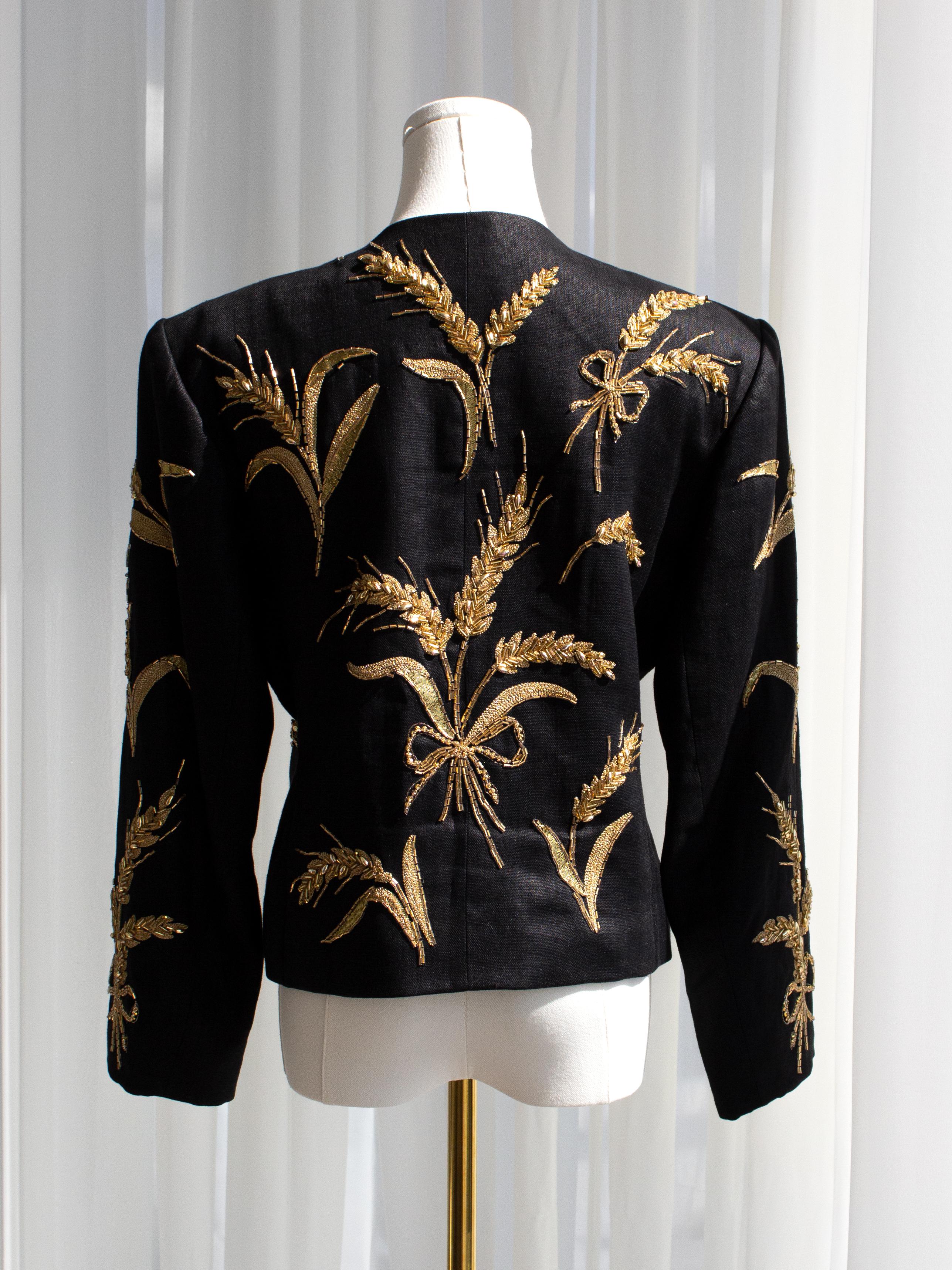 Yves Saint Laurent Lesage Vintage 1980s Black Linen Gold Wheat Sheaves Jacket 11