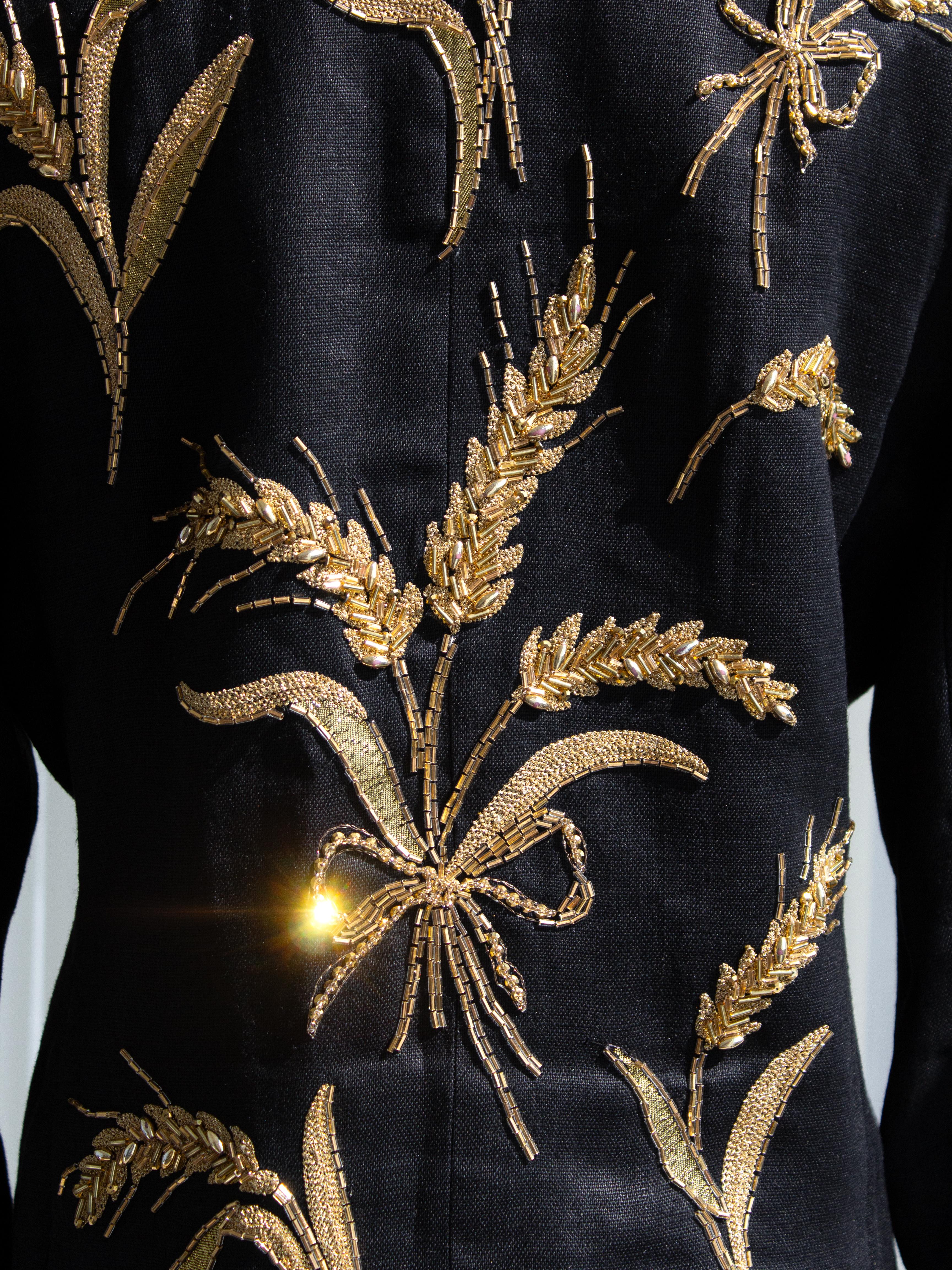 Yves Saint Laurent Lesage Vintage 1980s Black Linen Gold Wheat Sheaves Jacket 12