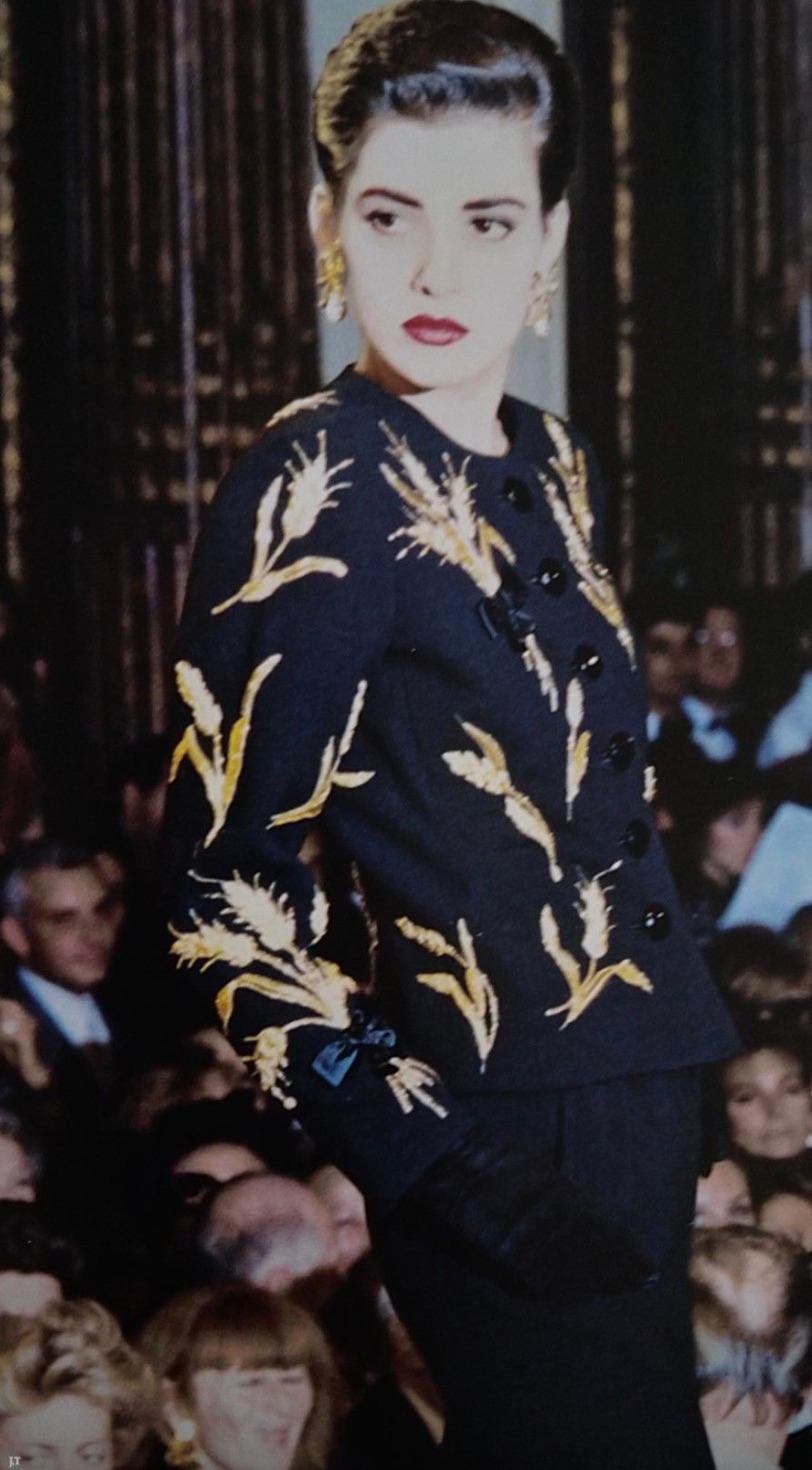 Women's Yves Saint Laurent Lesage Vintage 1980s Black Linen Gold Wheat Sheaves Jacket