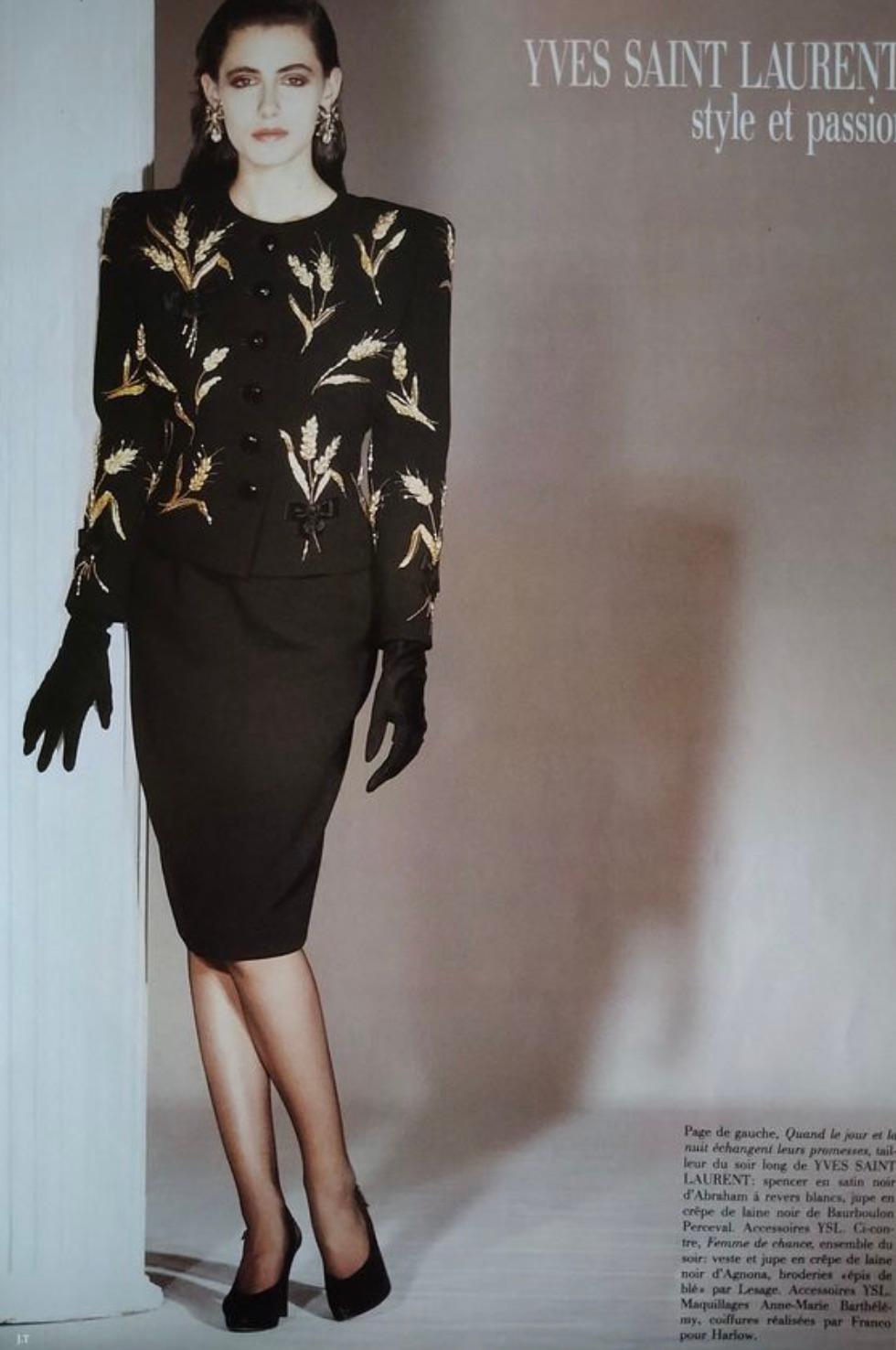 Yves Saint Laurent Lesage Vintage 1980s Black Linen Gold Wheat Sheaves Jacket 1