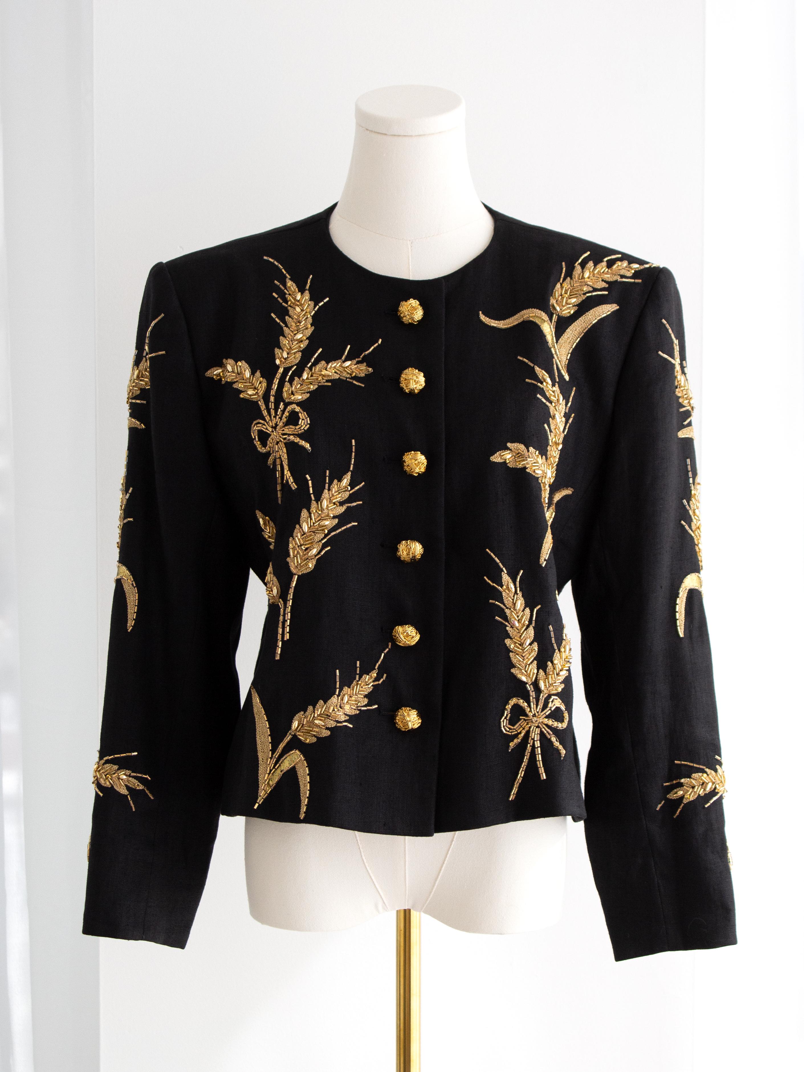 Yves Saint Laurent Lesage Vintage 1980s Black Linen Gold Wheat Sheaves Jacket 4