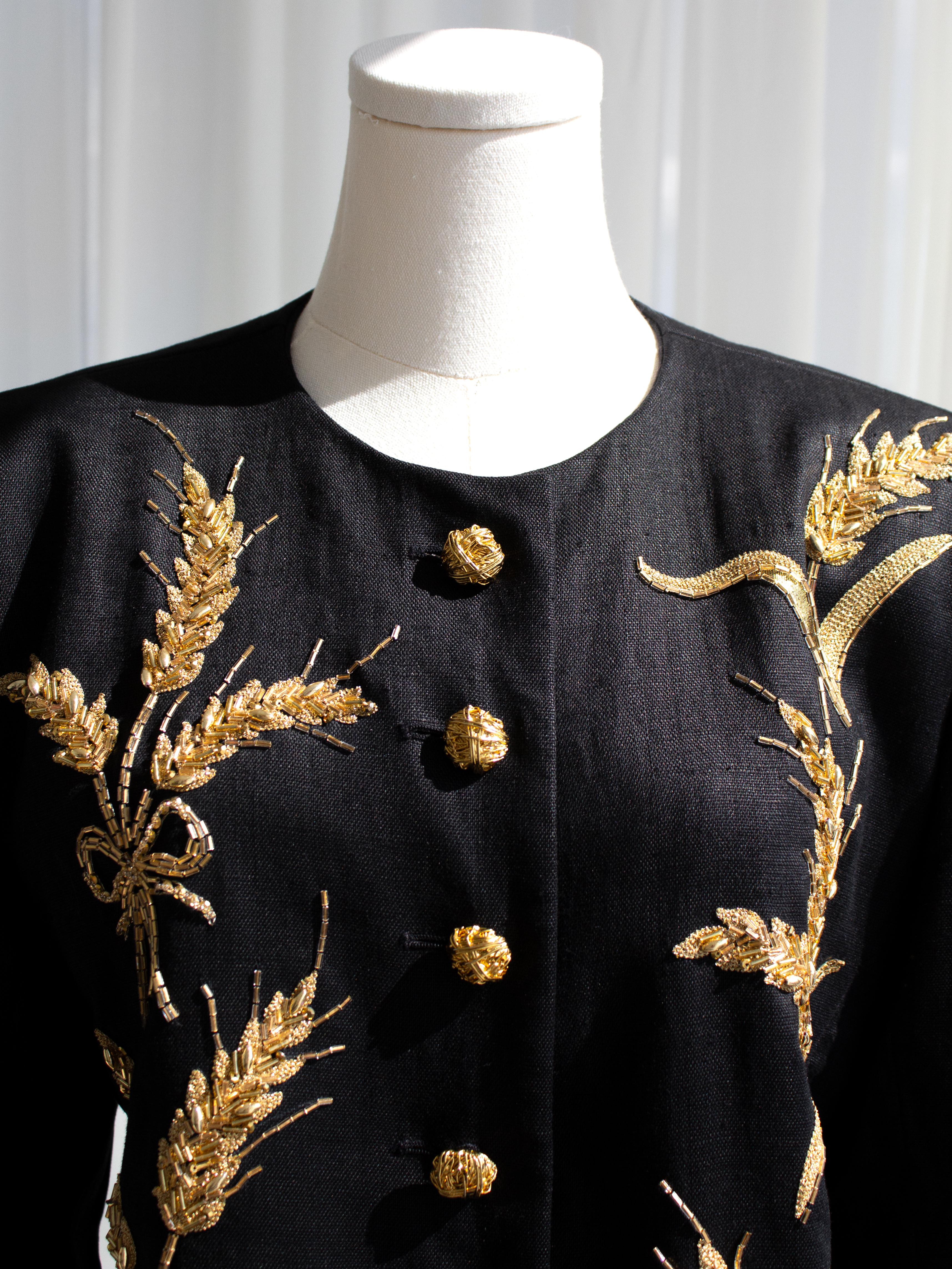 Yves Saint Laurent Lesage Vintage 1980s Black Linen Gold Wheat Sheaves Jacket 5