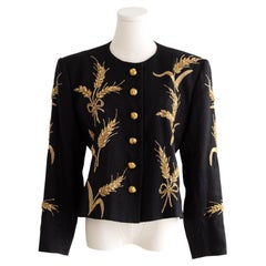 Yves Saint Laurent Lesage Vintage 1980s Black Linen Gold Wheat Sheaves Jacket