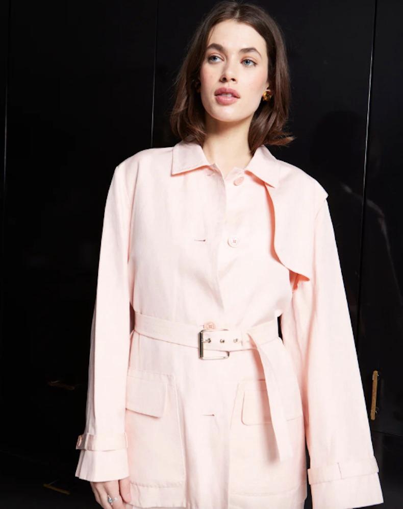 Yves Saint Laurent Blush Starched Linen Pant Suit 
Jacket 
Shoulders 18
Bust 22 in
Waist 40 in 
Hips 24 in
Sleeves 23 in 
Length 29 in 
Marked Size FR 44 (Can accommodate a range of sizes depending on desired fit)
Pants
Waist 30 in 
Hips 21 in