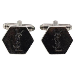 Yves Saint Laurent Logo Hallmark YSL Monogram Hexagon Black Silver Cufflinks