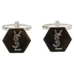 Yves Saint Laurent Logo YSL Hallmark Monogram Hexagon Iconic Silver Cufflinks