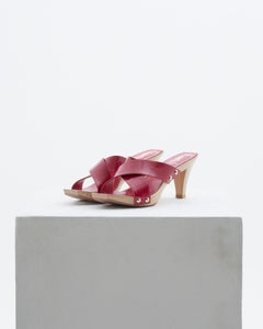 Yves Saint Laurent Lolita wooden fuchsia patent leather criss cross toe heels