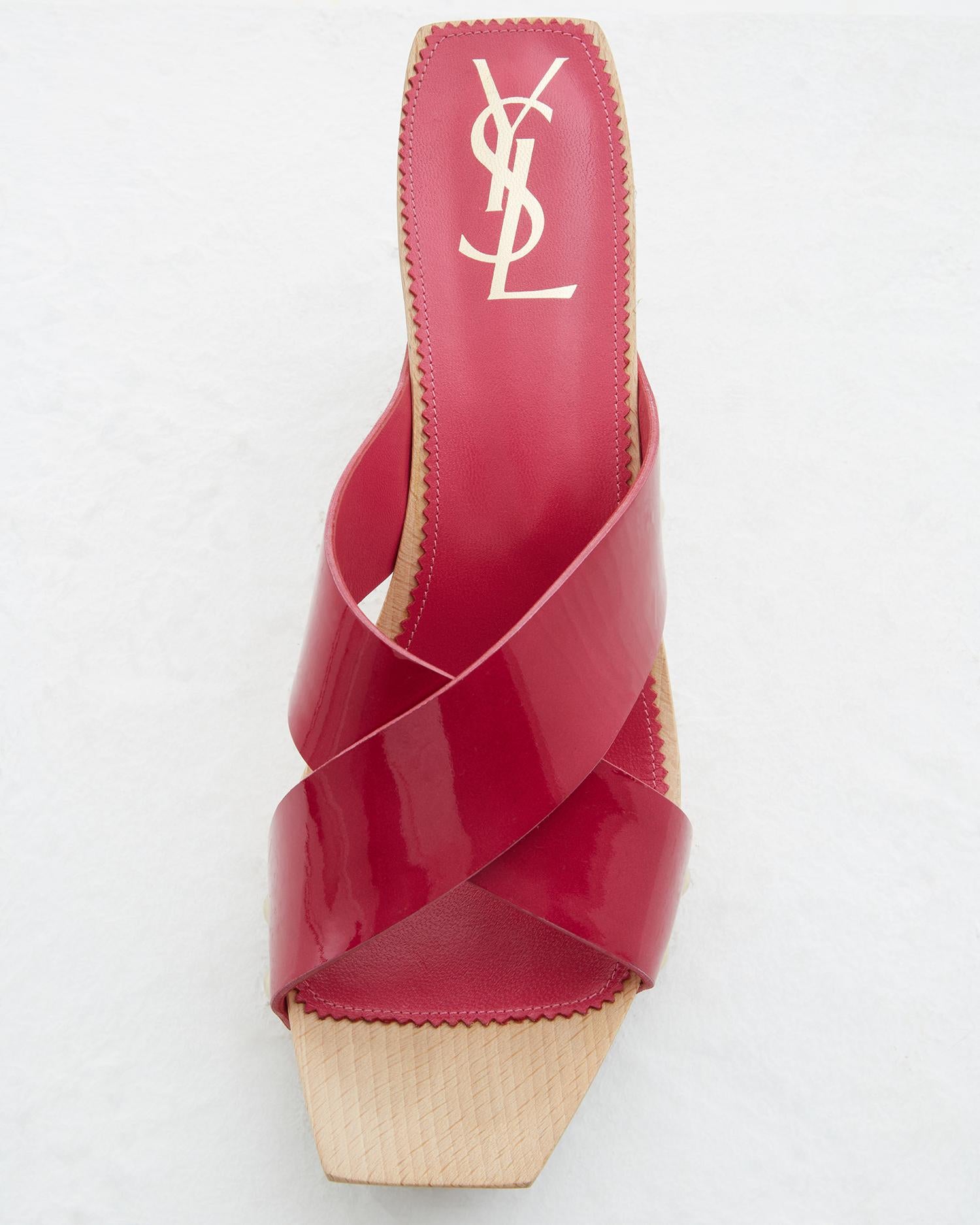 Yves Saint Laurent Lolita wooden fuchsia patent leather criss cross toe heels 1