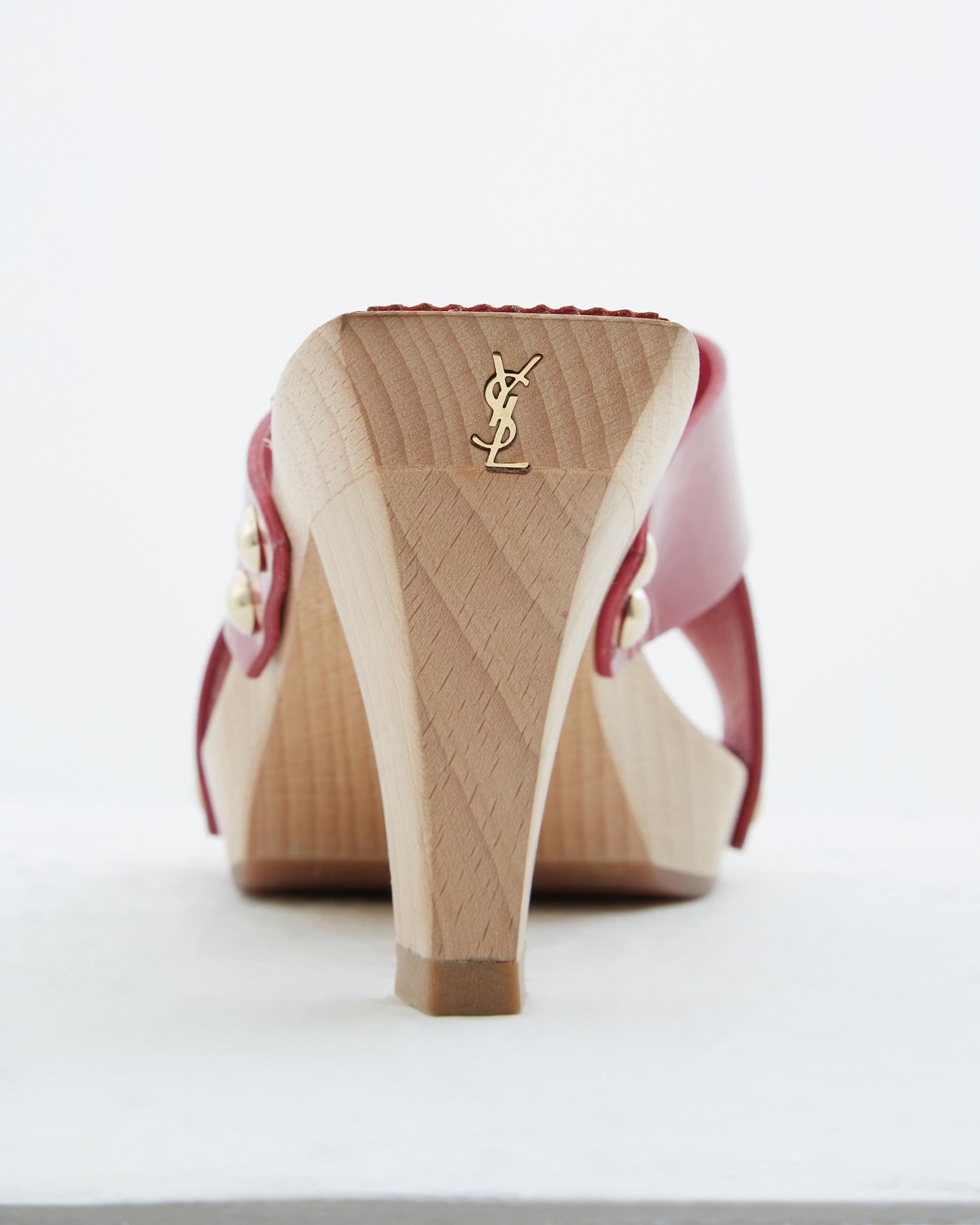 Yves Saint Laurent Lolita wooden fuchsia patent leather criss cross toe heels 2